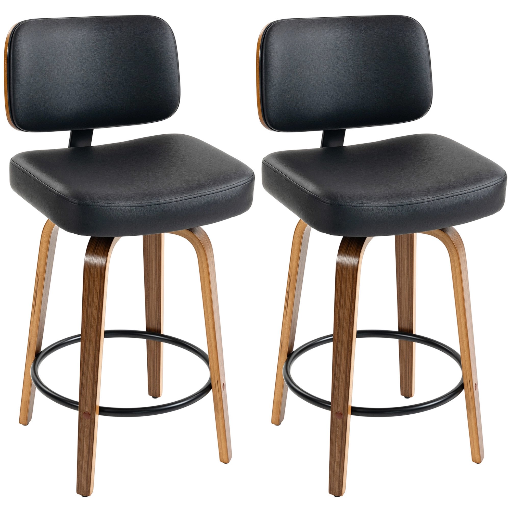 HOMCOM Set of 2 PU Swivel Bar Stools with Curved Wood Legs - Black