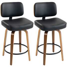 HOMCOM Set of 2 PU Swivel Bar Stools with Curved Wood Legs - Black