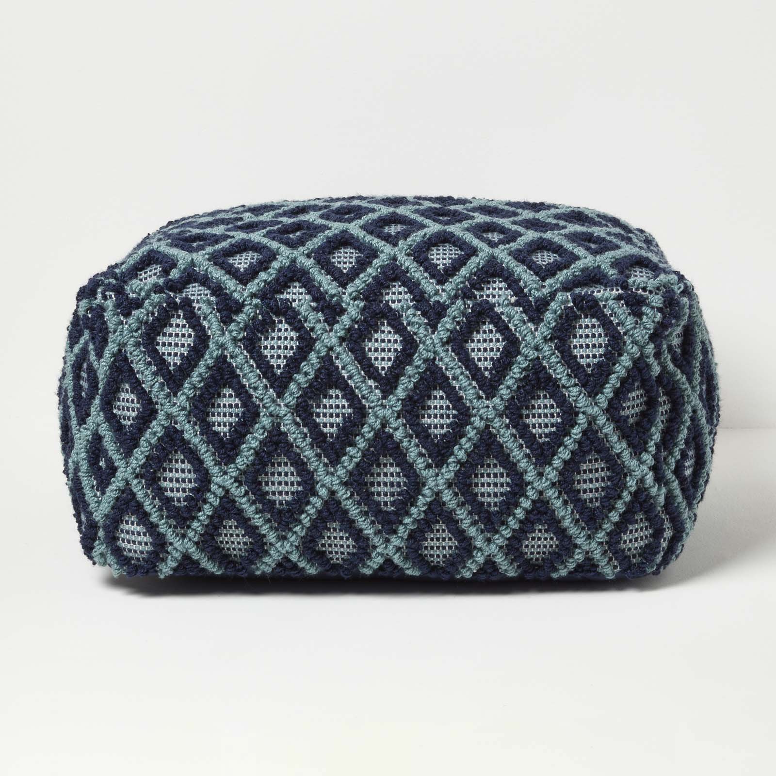 Homescapes Tula Handwoven Textured Pouffe Bean Cube – Navy & Teal