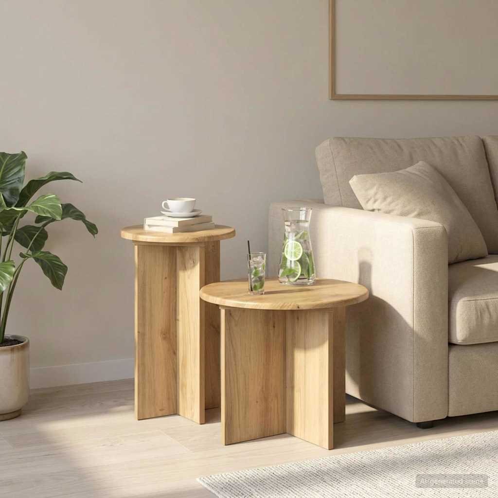 Walplus Pack of 2 Engineered Wood Side Table - Oak - 45 x 35 cm