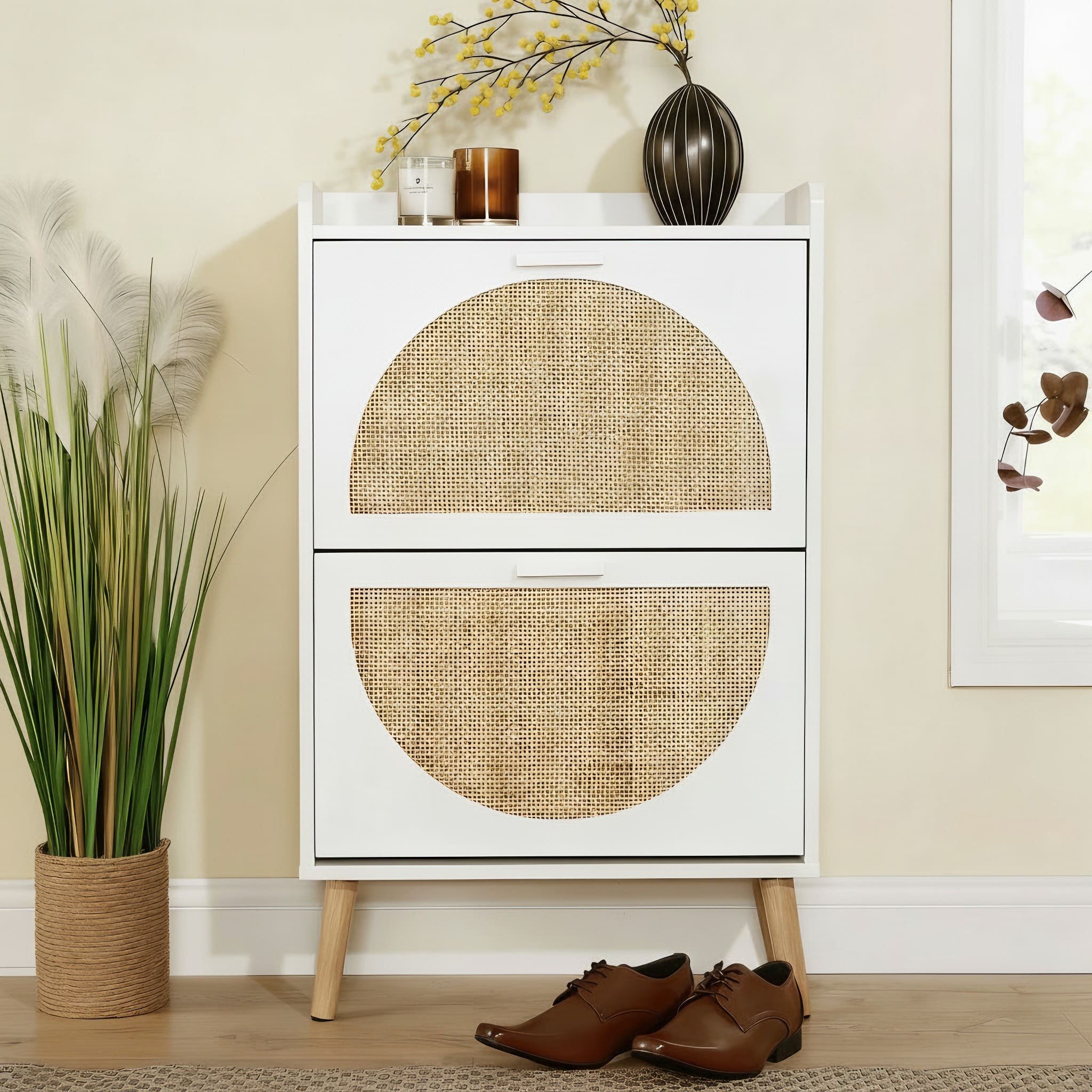 Home Source Astbury 2 Door Rattan Shoe Cabinet - White