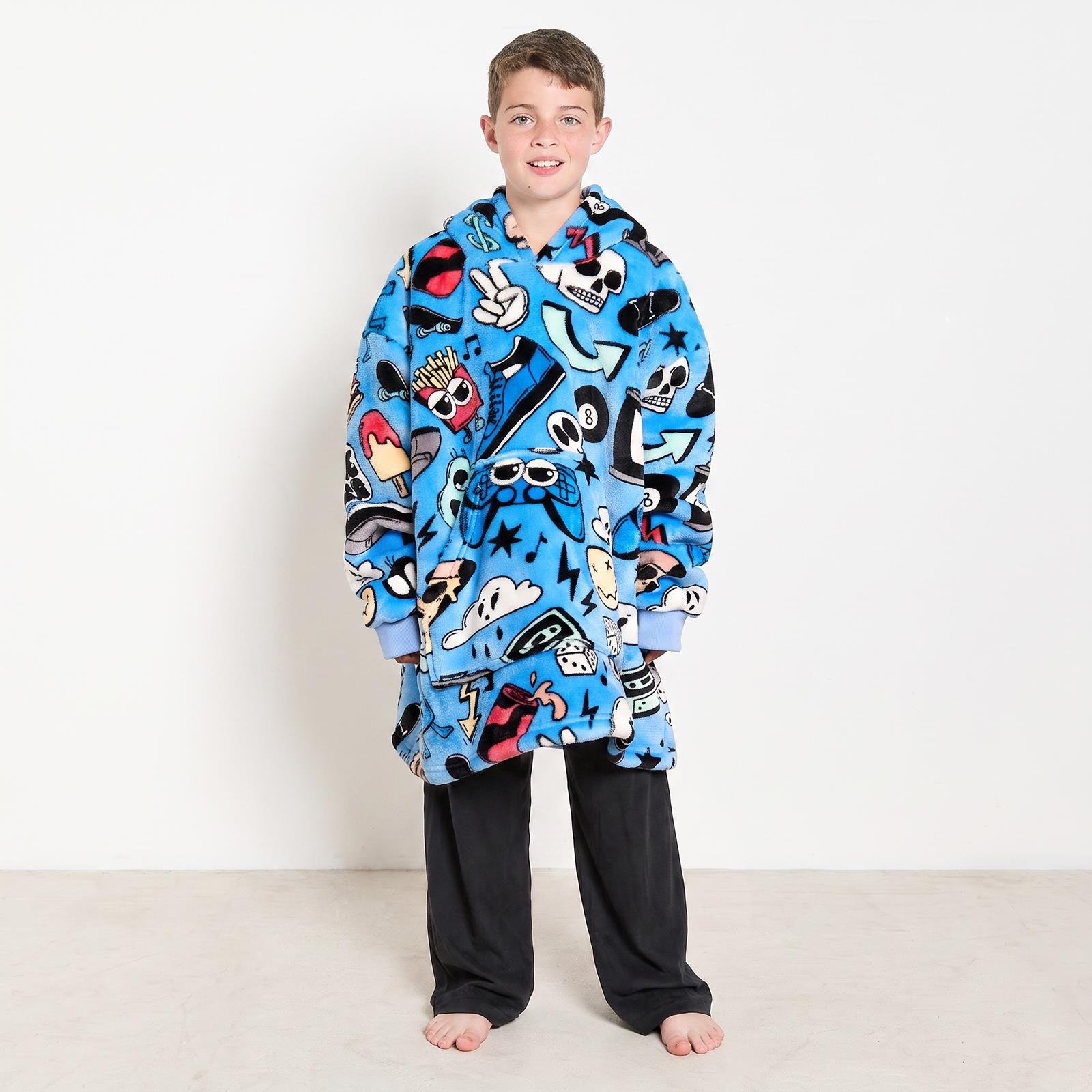 OHS Kids Cartoon Print Hoodie Blanket - Blue