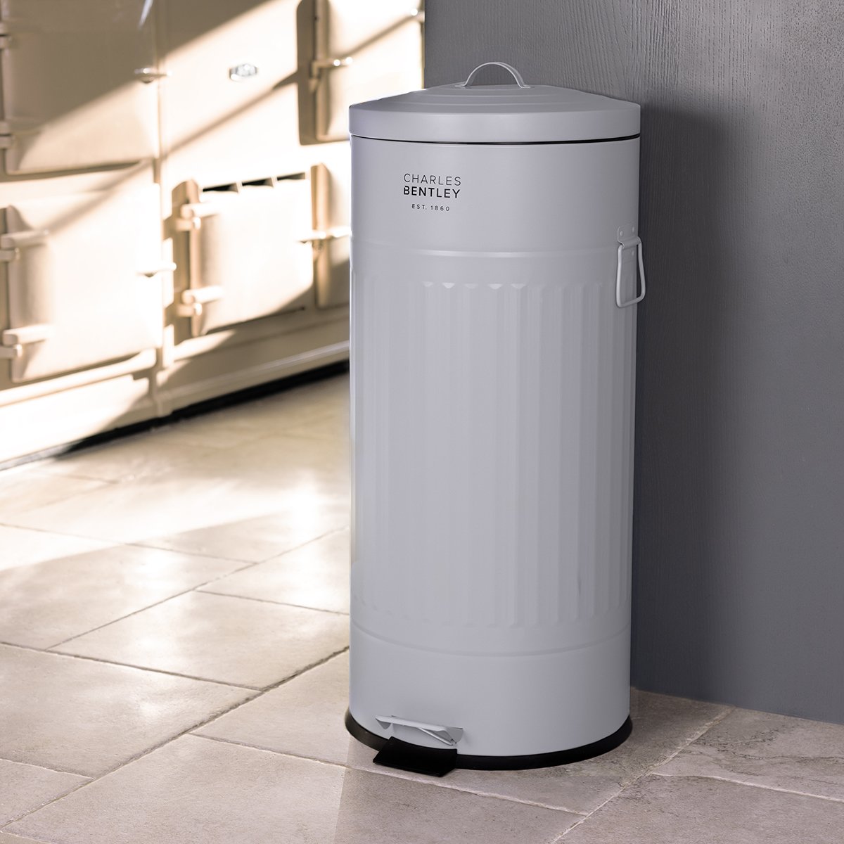 Charles Bentley 30L Retro Steel Waste Rubbish Kitchen Pedal Bin - Grey
