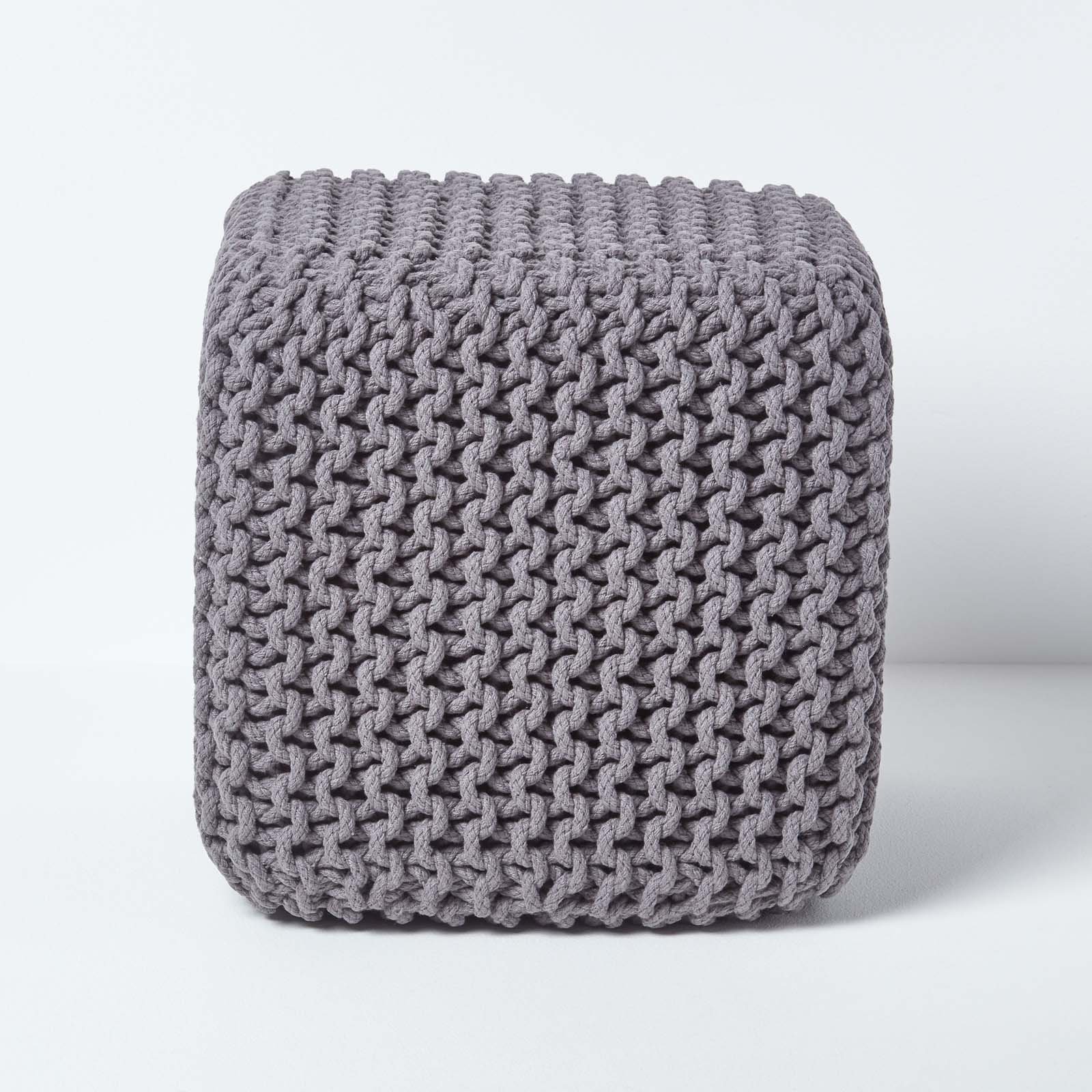 Homescapes Cube Cotton Knitted Pouffe Footstool – Dark Grey