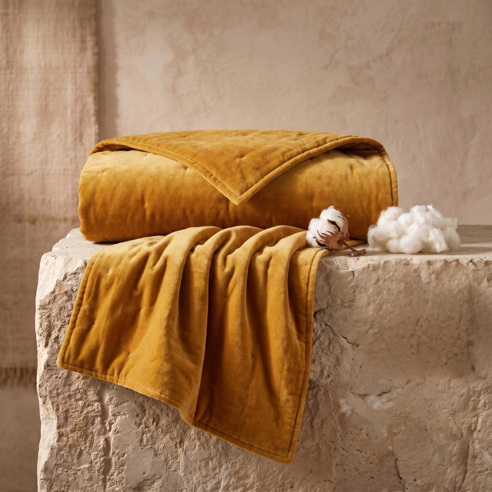 Homescapes Cotton Velvet Quilted Throw - 125 x 150 cm - Mustard