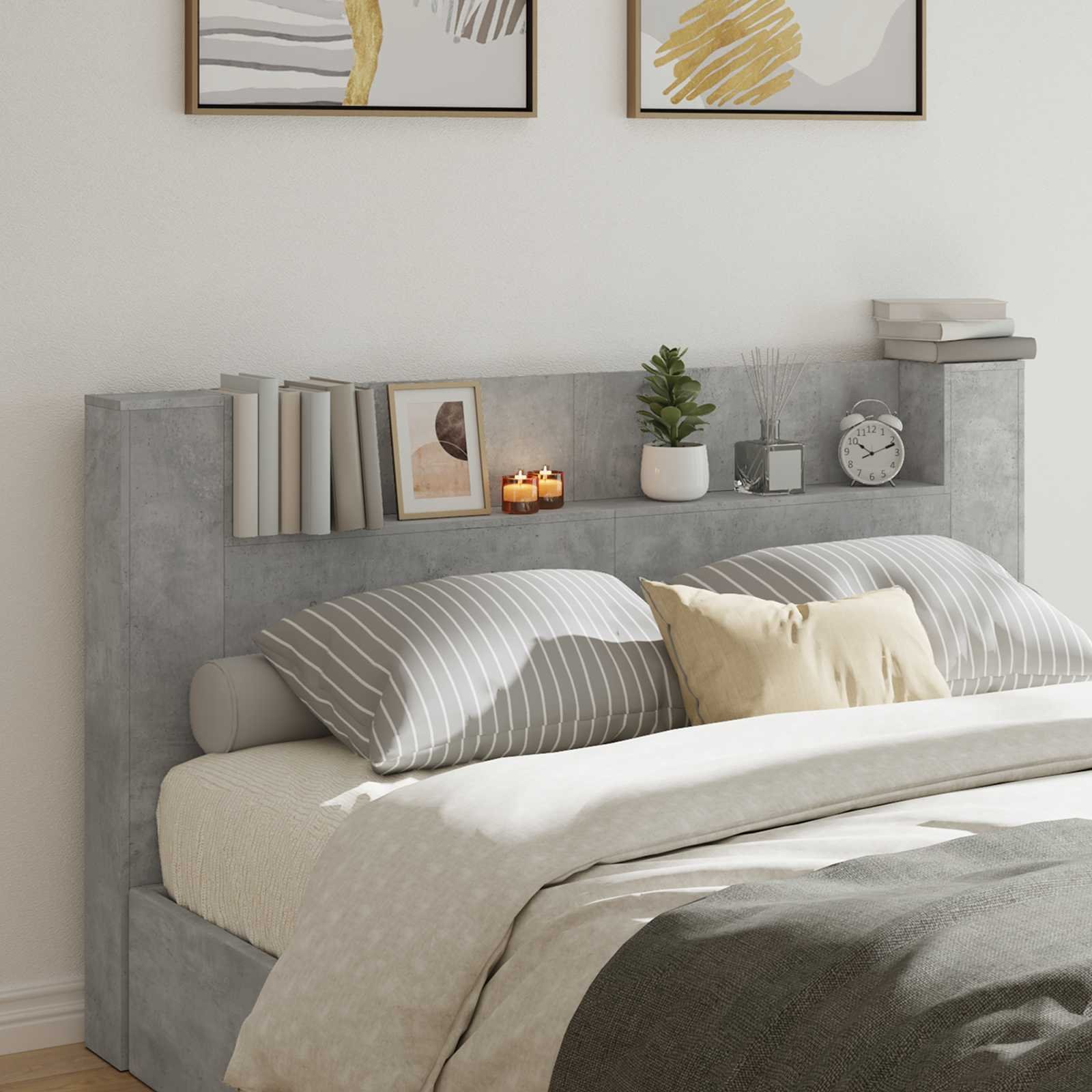 Walplus Wood LED Storage Headboard - Granite Grey - 180 x 16.5 x 103.5 cm