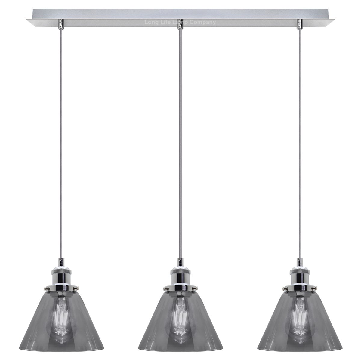 Energy Light Bulbs 3 Light Grey Cone Glass Ceiling Pendant Light - Chrome