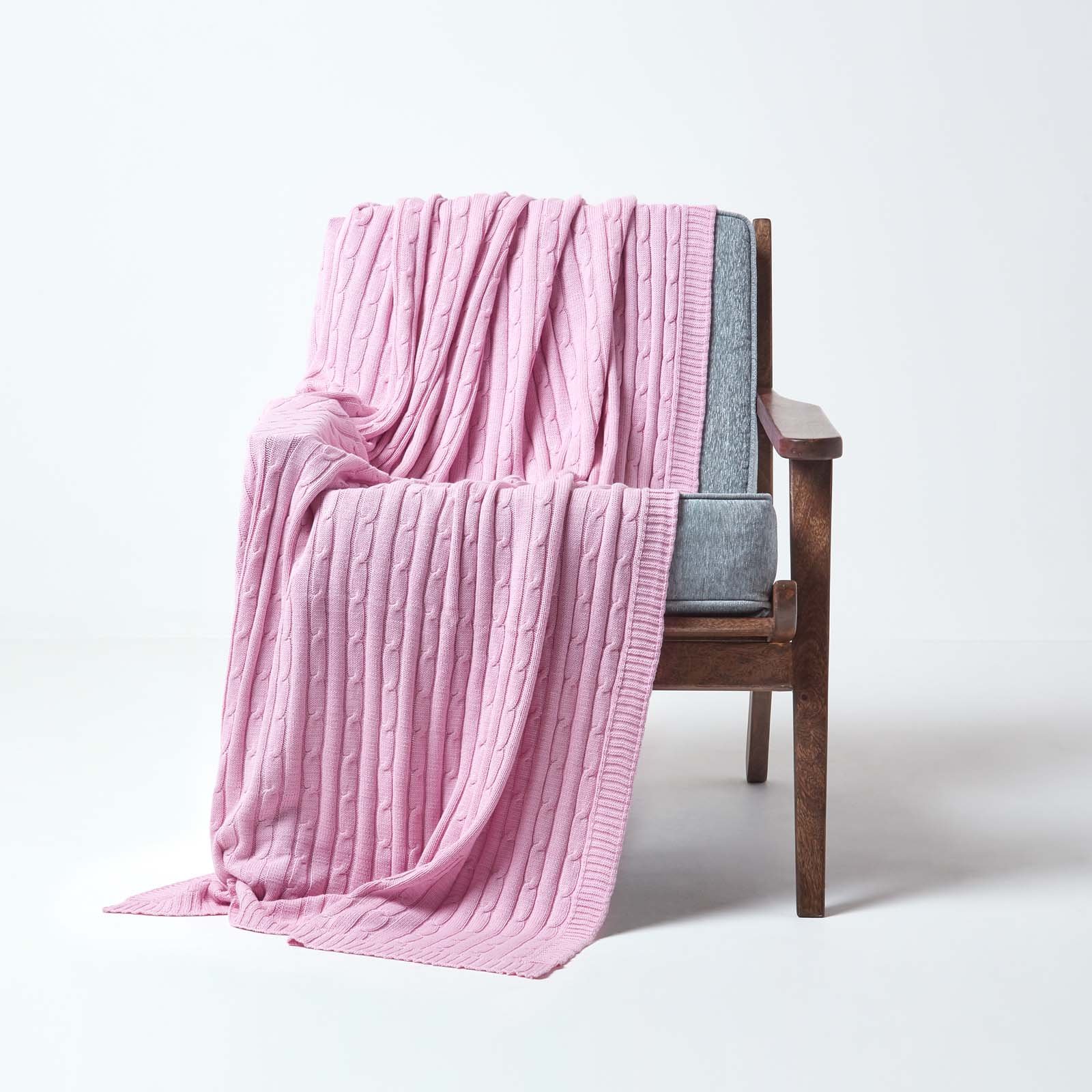 Homescapes Cotton Cable Knit Throw - 150 x 200 cm - Pastel Pink