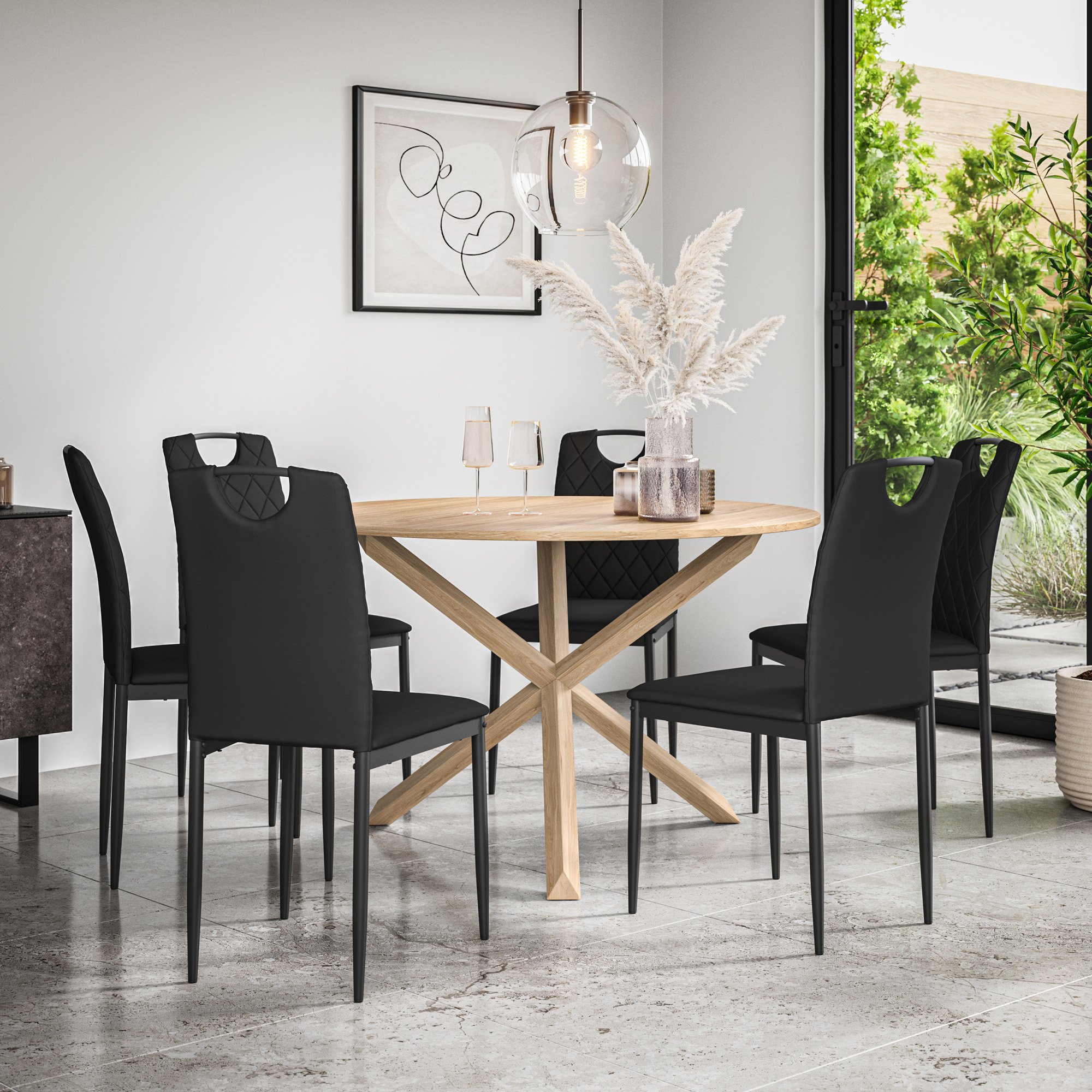 Furniture Online Malvern Monza Oak Table Dining Table & 6 Black Chairs