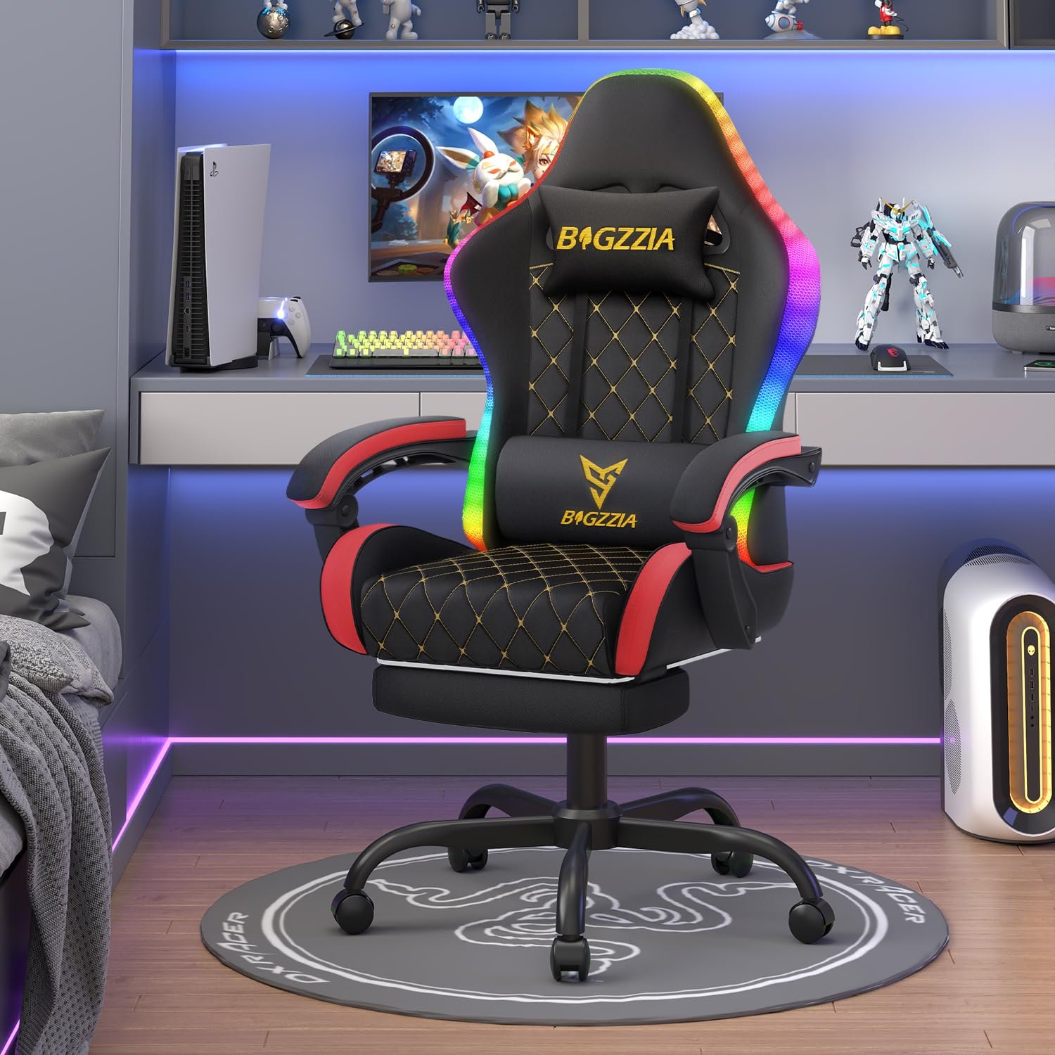 Rattantree RGB LED PU Leather Gaming Chair with Footrest - Red & Black