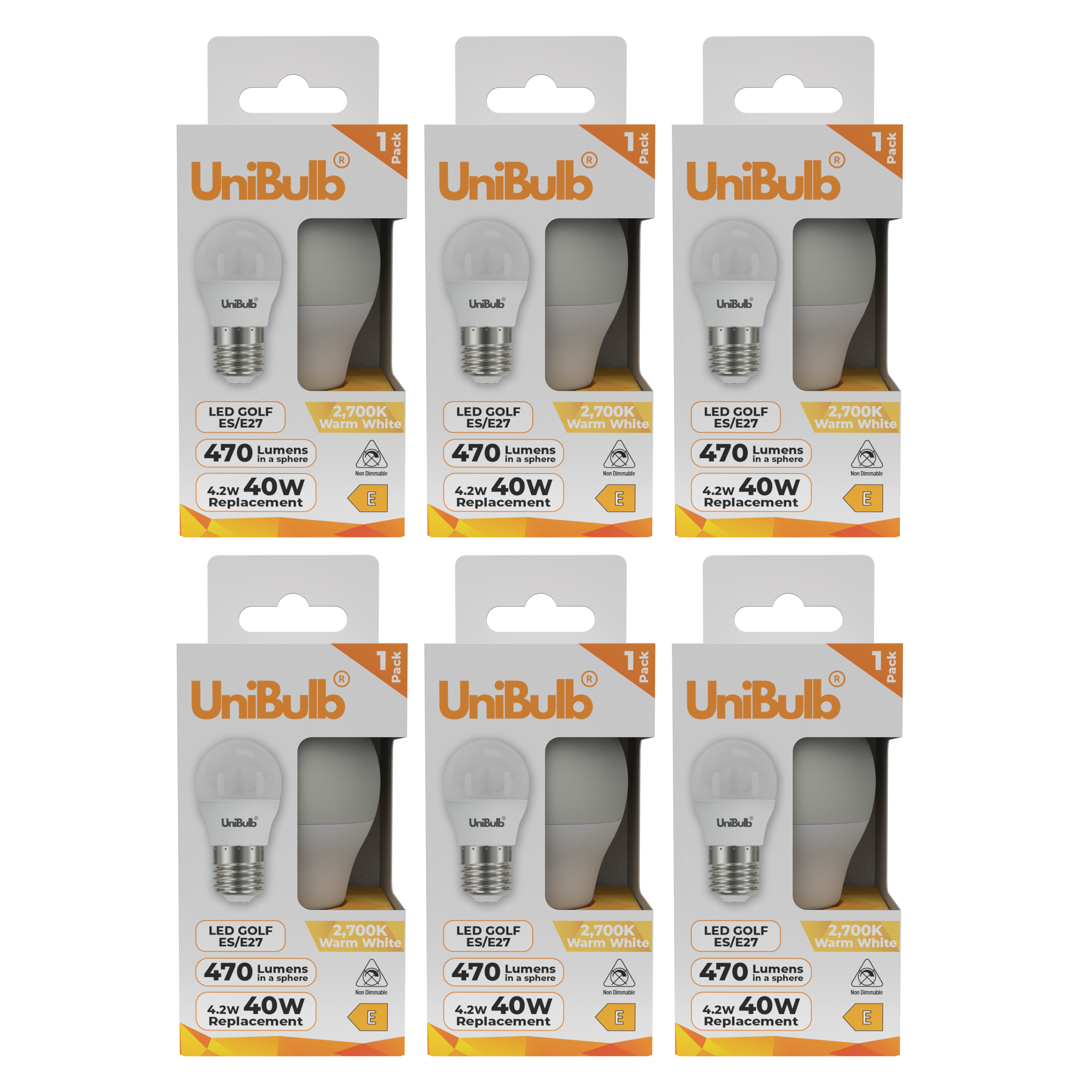 UniBulb 4.2W LED Warm White Golf Ball E27 Light Bulb - Pack of 6