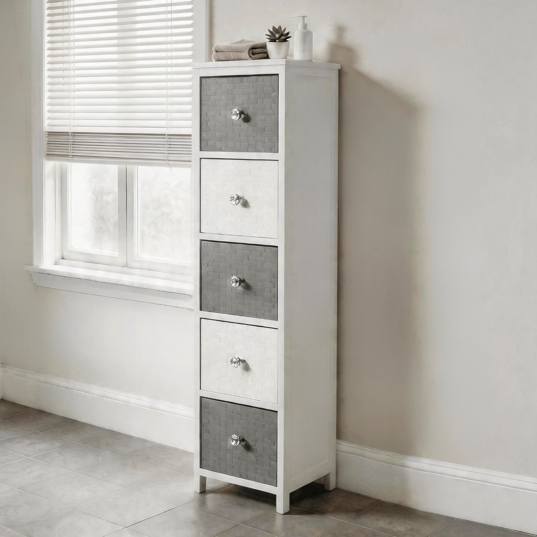 Home Source Crystal 5 Drawer Storage Unit – Grey and White
