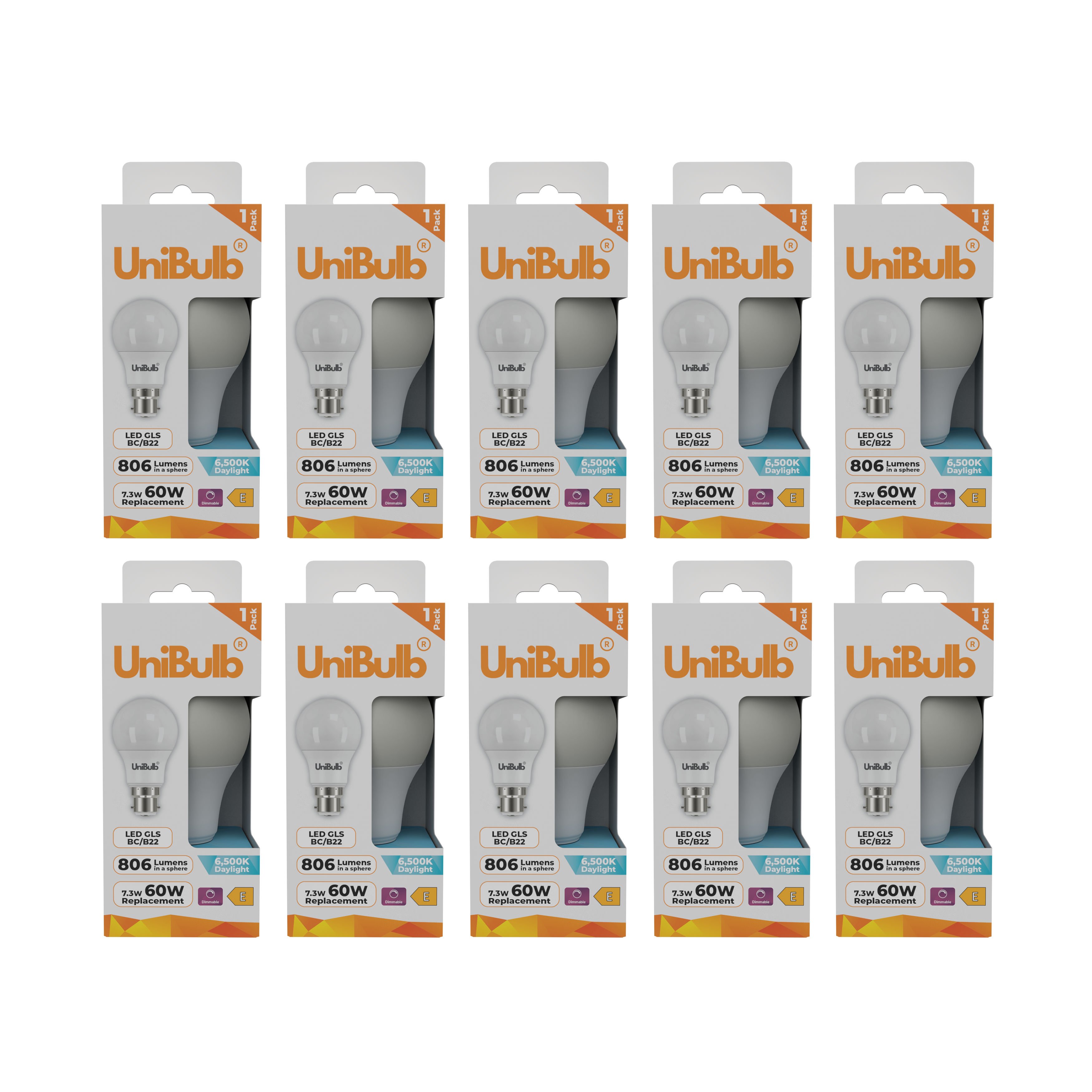 UniBulb 7.3W LED Daylight Dimmable GLS B22 Light Bulb - Pack of 10