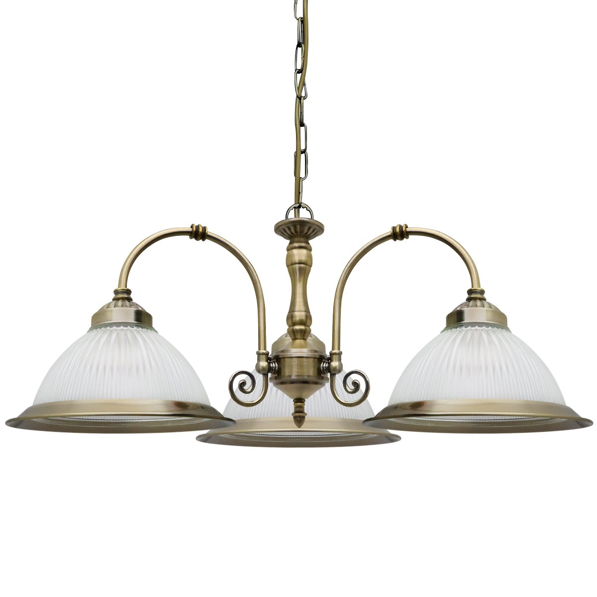 Energy Light Bulbs 3 Light Ribbed Glass Ceiling Pendant Light - Antique Brass