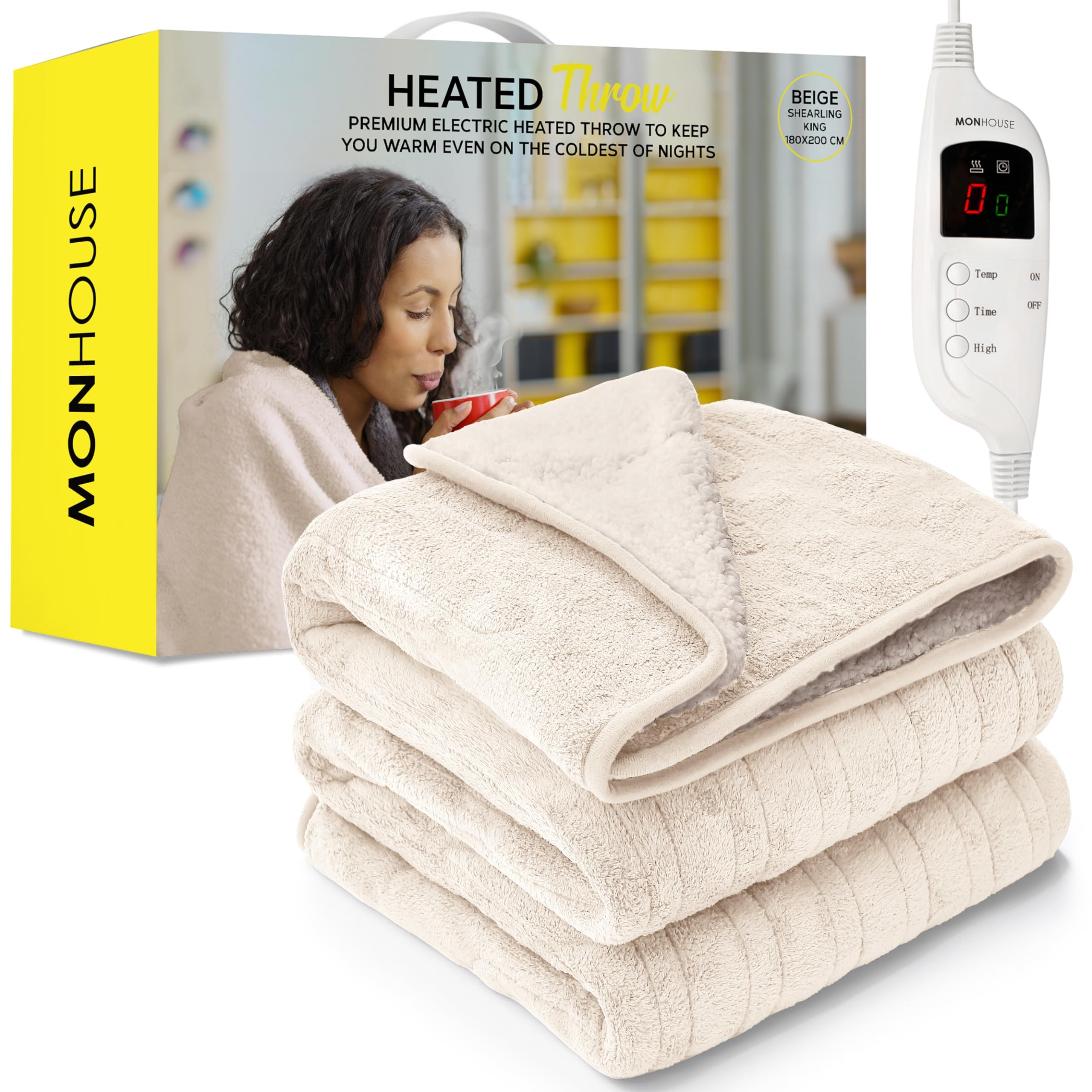 MONHOUSE King Heated Electric Throw with 9 Heat Setting - Beige