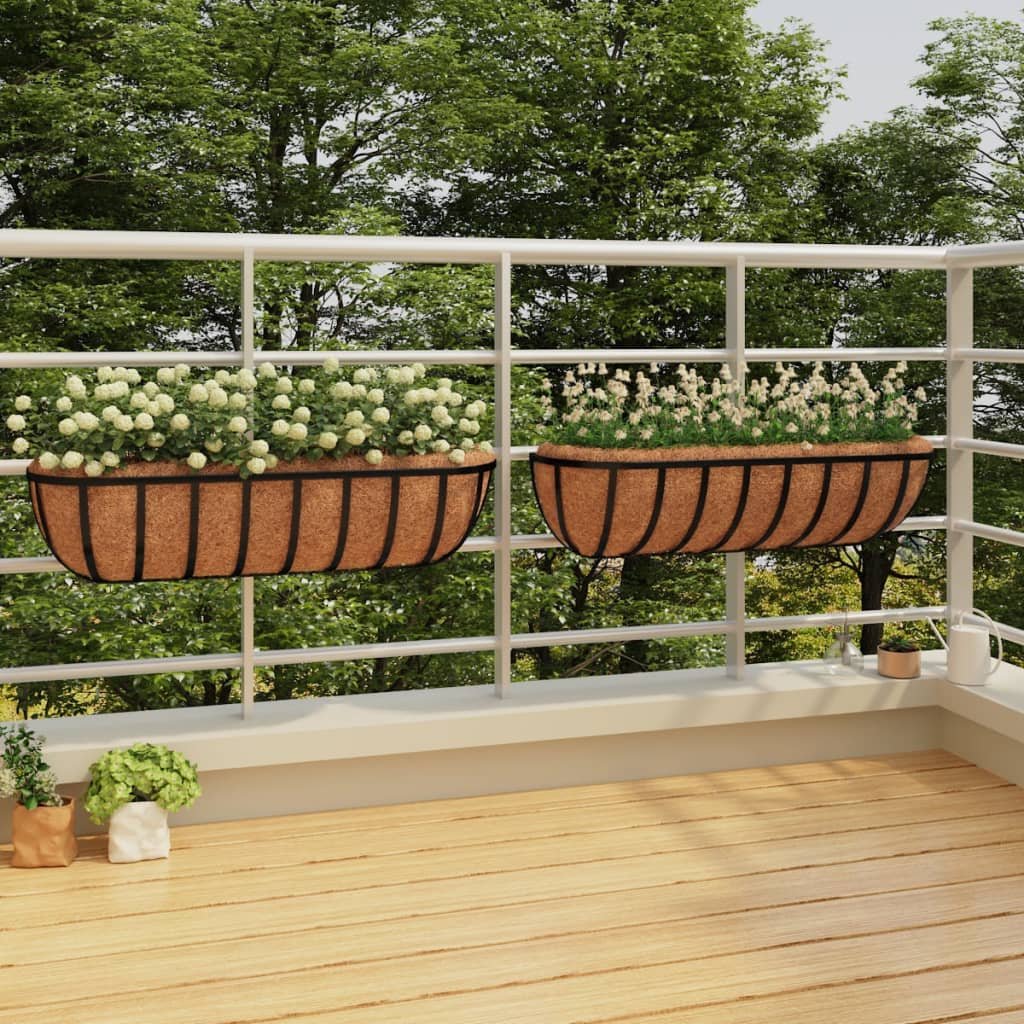 Walplus Pack of 2 Steel Wall Troughs with Coco Liners - Black - 76 x 21 x 16 cm
