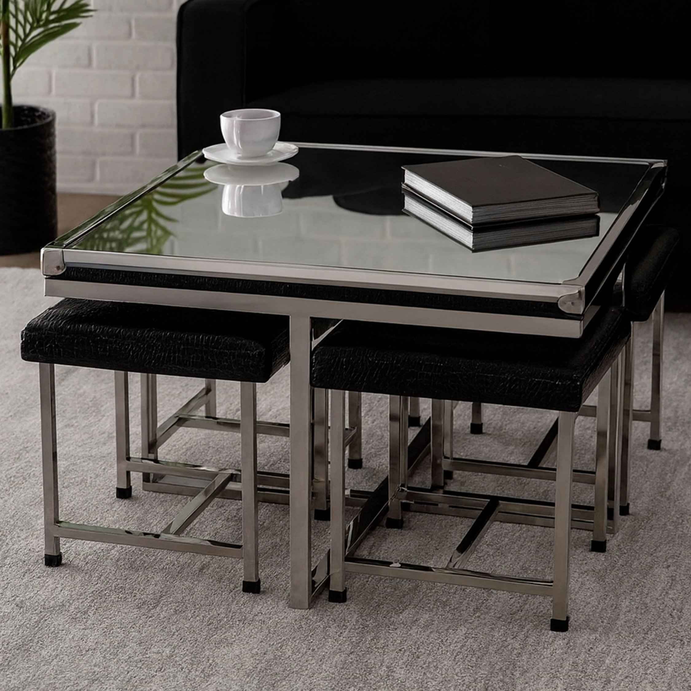Orsina Carla 5-Piece Glass Coffee Table And Stool Set - Black And Silver
