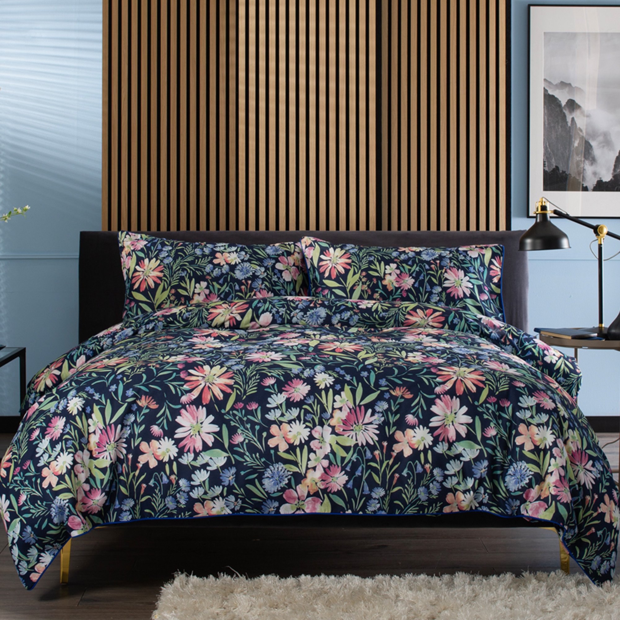 Deyongs Spring Flowers Blue Floral Printed Duvet Set - Double