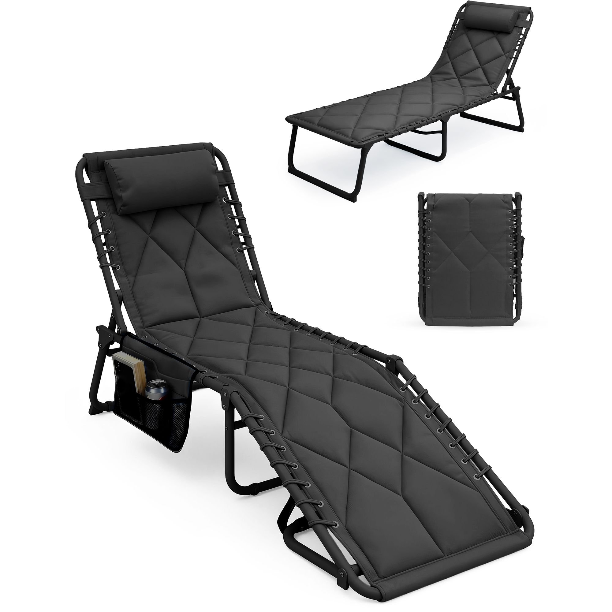 Keplin Quilted Foldable Reclining Sun Lounger - Charcoal