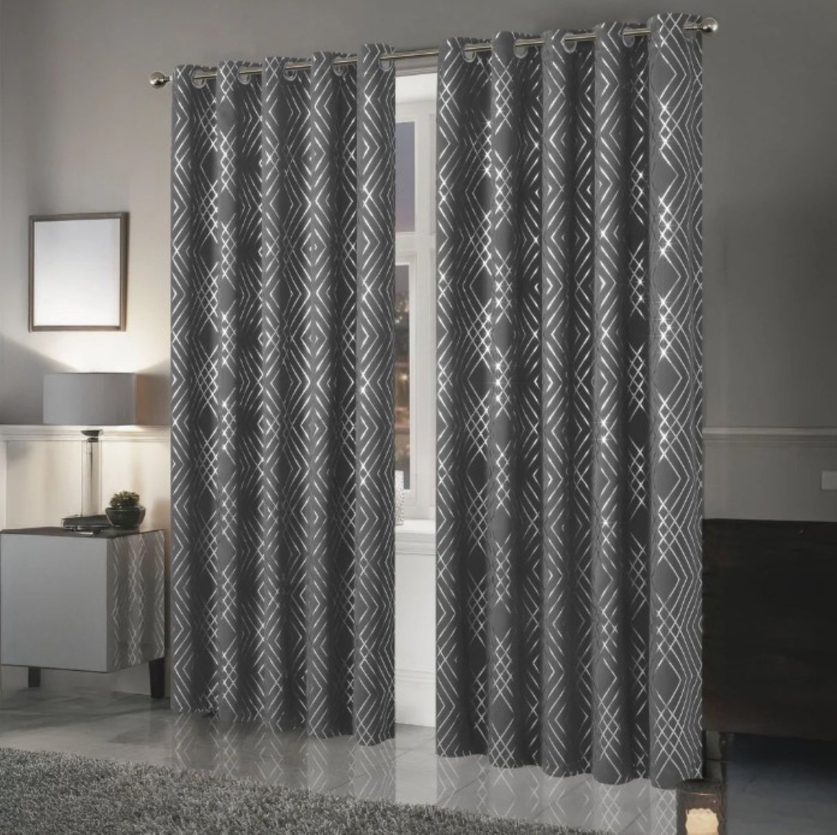 New Edge Blinds Silver Geo Sparkle Blackout Eyelet Curtains - 167cm x 229cm