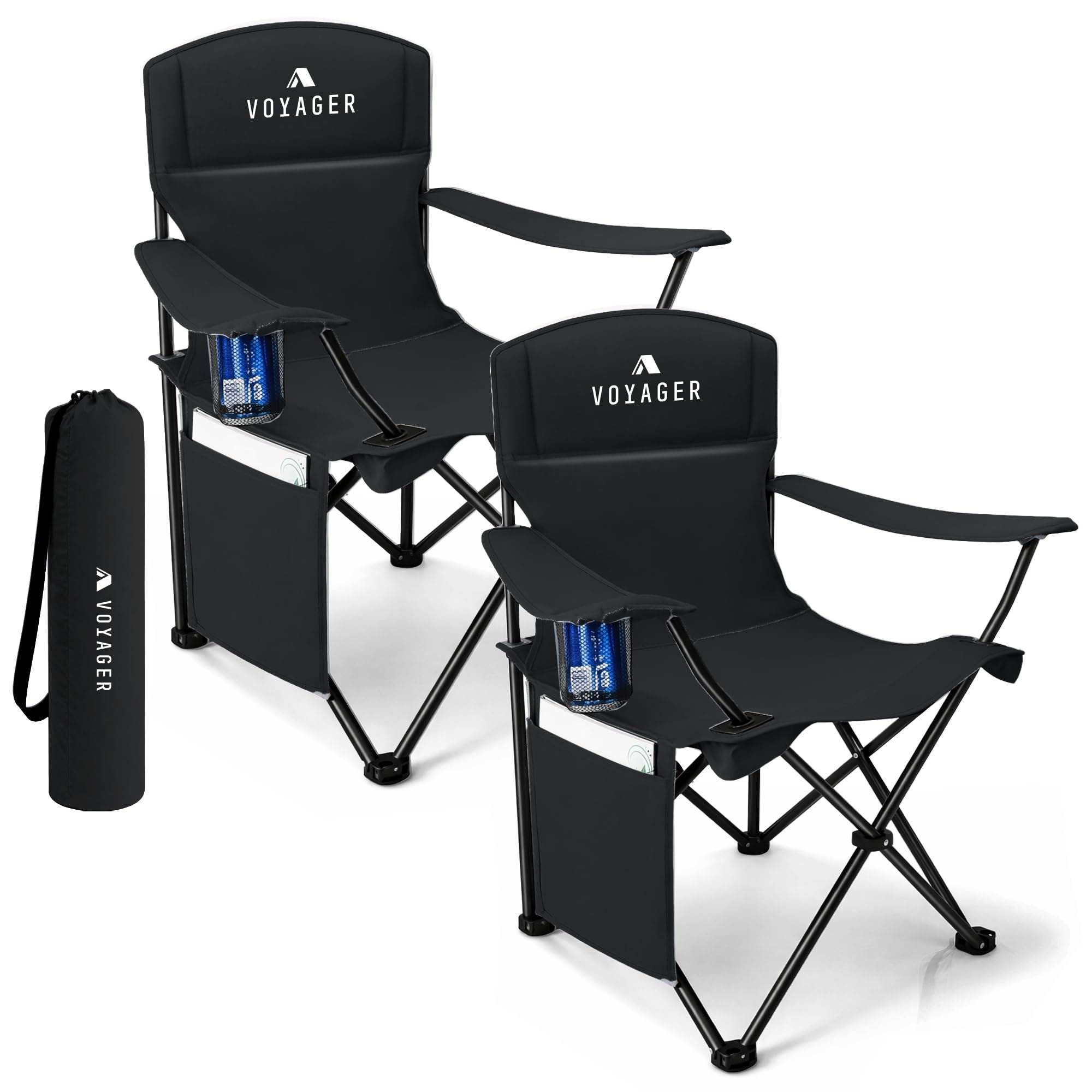 Voyager Set of 2 Side Pouch Folding Camping Chairs - Black