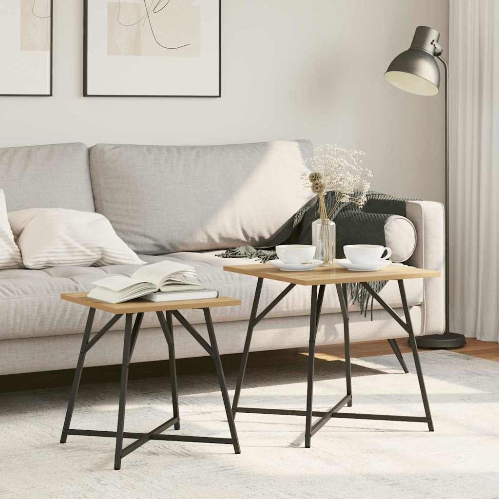 Walplus Pack of 2 Metal Side Table Wood Legs - Oak - 50 x 50 x 50 cm