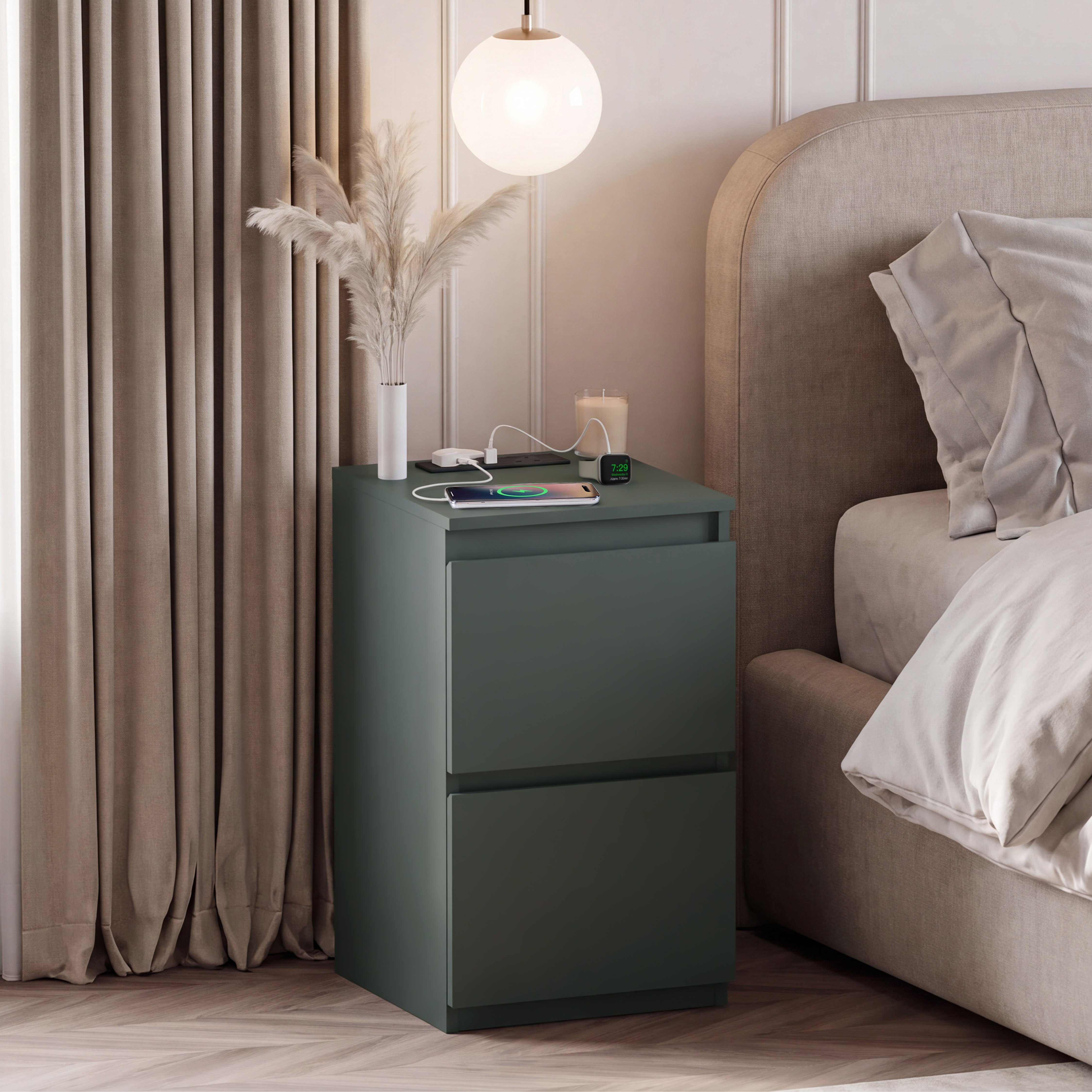 Vida Designs Denver 2 Drawer Bedside Chest with Power Outlet - Green