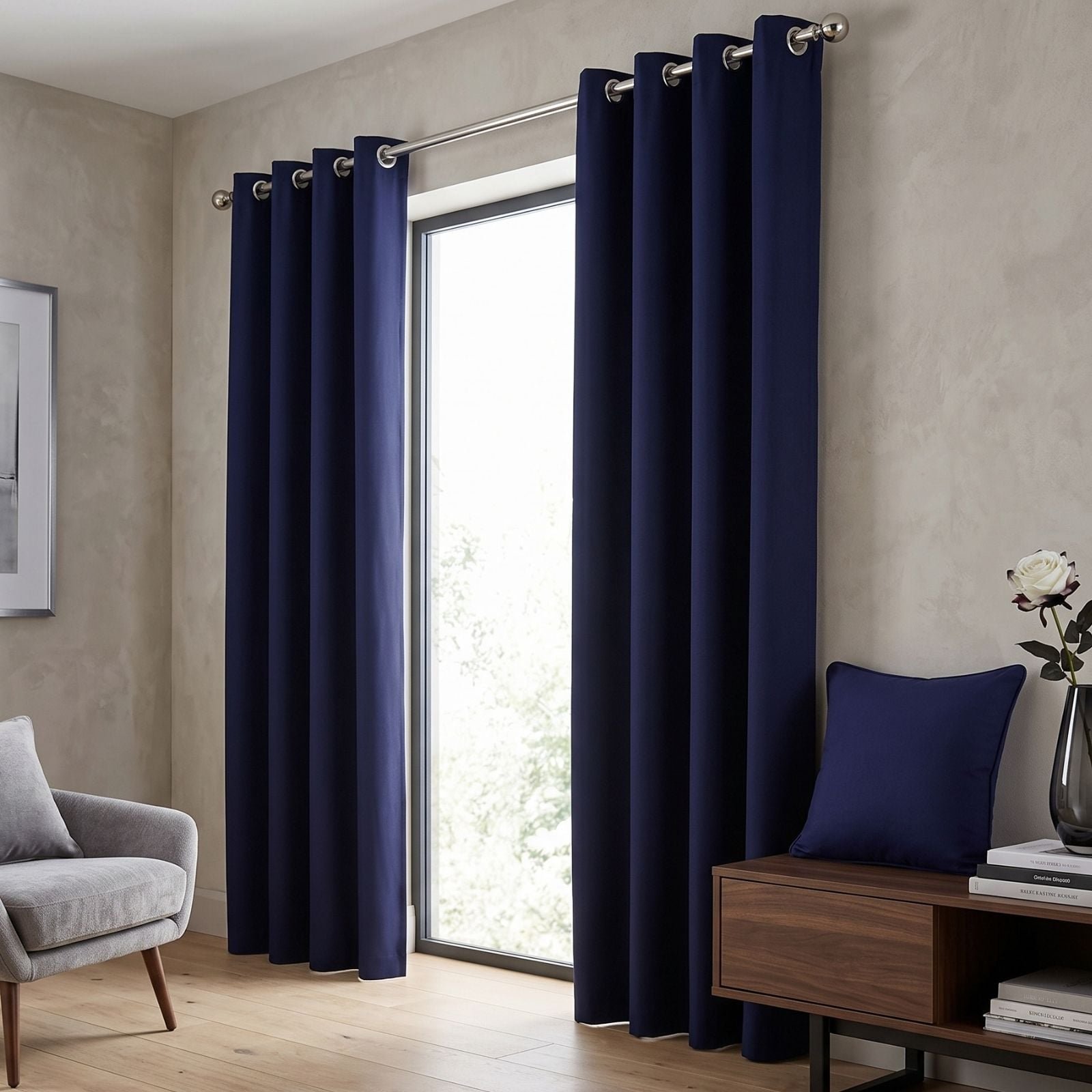 Homescapes Off Navy Blue Plain Cotton Eyelet Curtains - 117cm x 137cm
