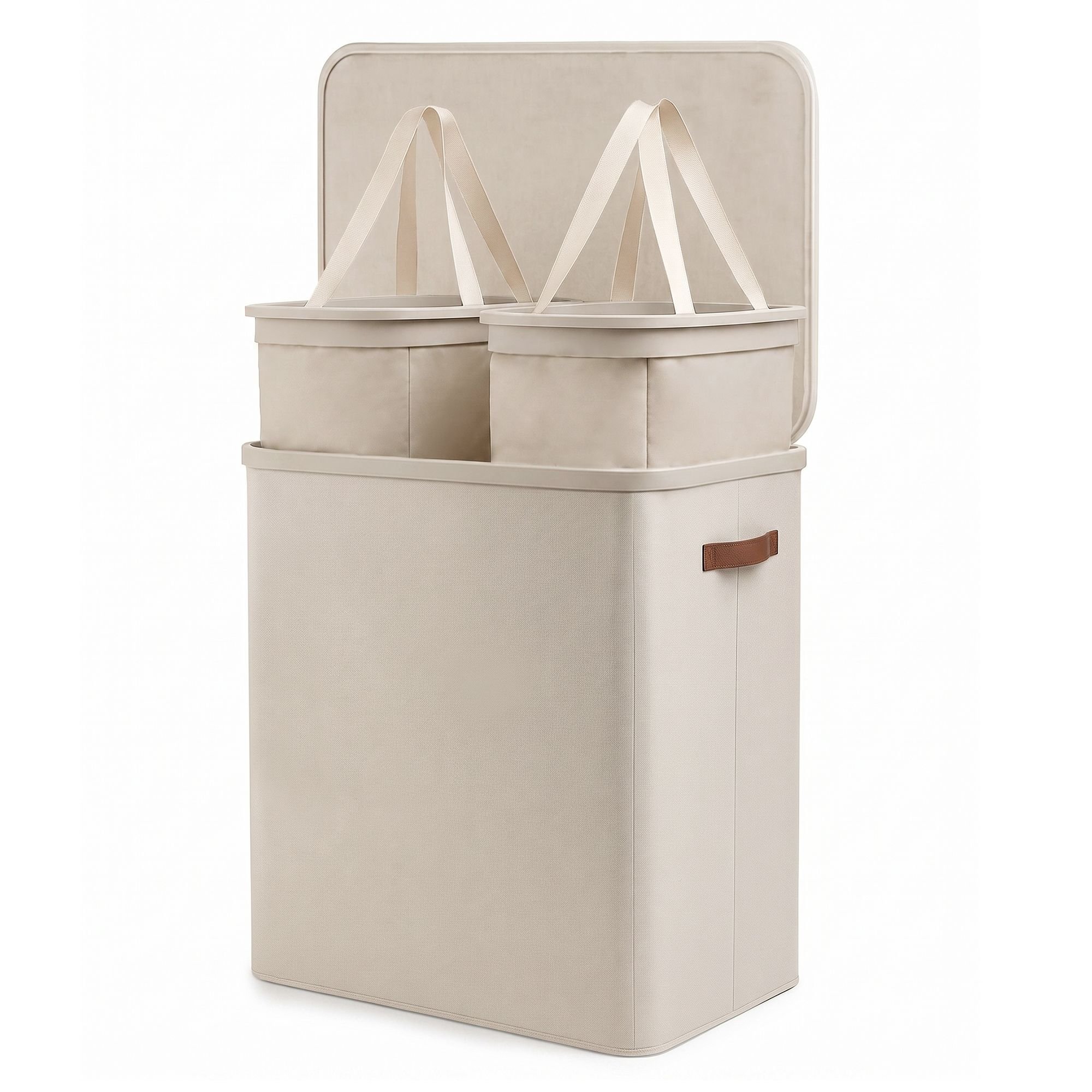 Keplin 150L Collapsible Fabric Lidded Double Laundry Basket - Beige