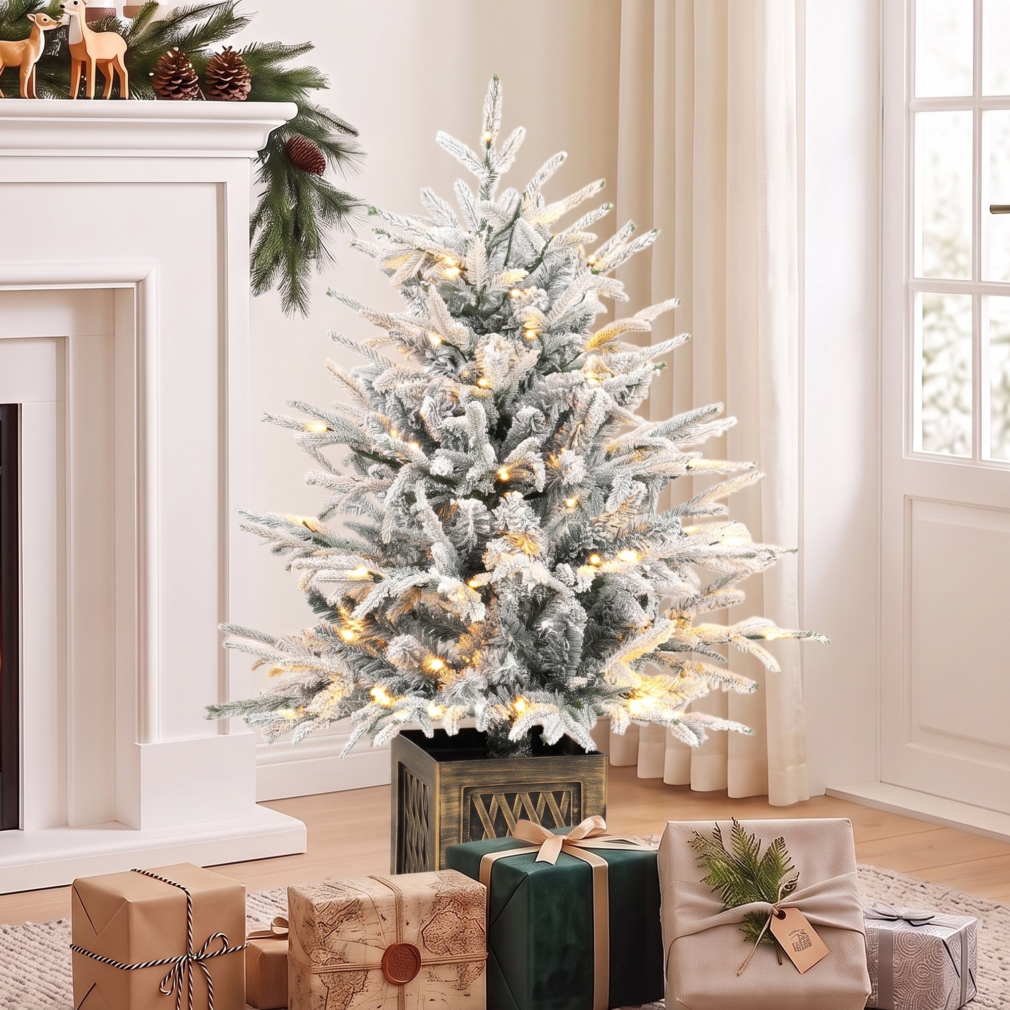 HOMCOM 90cm Prelit Flocked Christmas Tree with Stand - Green White