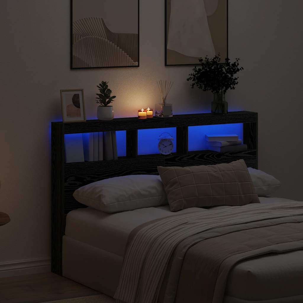 Walplus Engineered Wood LED Headboard Cabinet - Black Ash - 160 x 17 x 102 cm