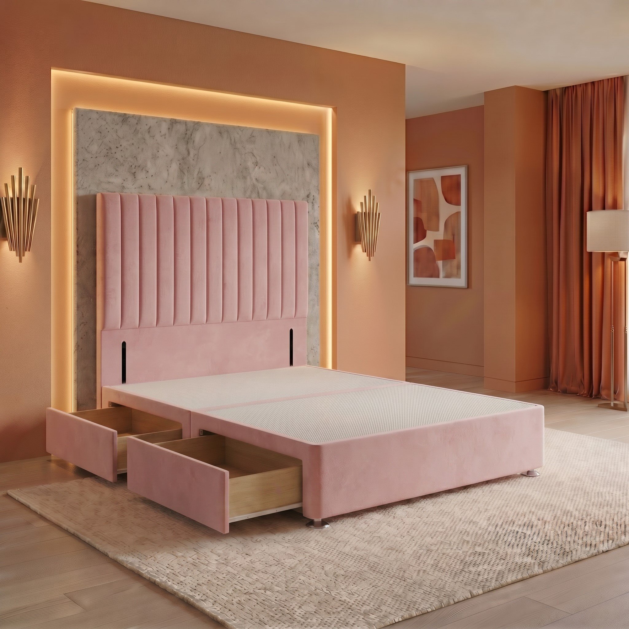 Somnior Heritage Velvet King 2 Drawer Divan Bed Base & 54" Headboard - Pink