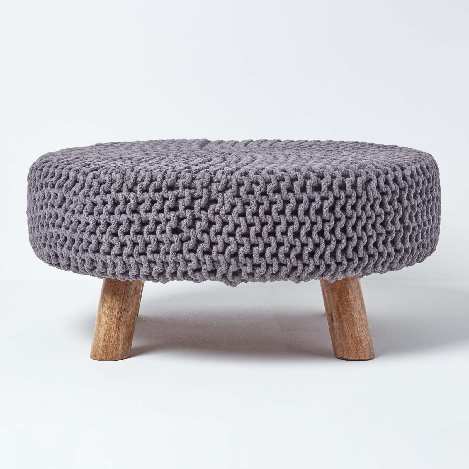 Homescapes Large Round Cotton Knitted Footstool with Legs – Sea Grey
