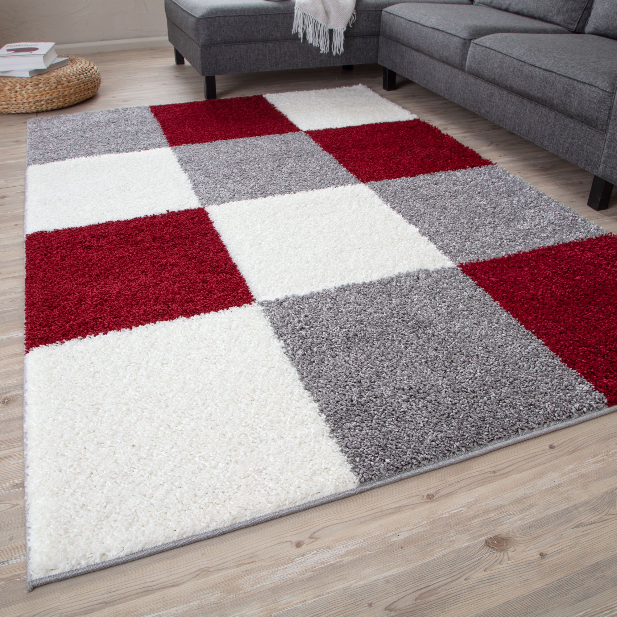 The Rugs Red Myshaggy Checkered Shaggy Rug - 60 x 110cm