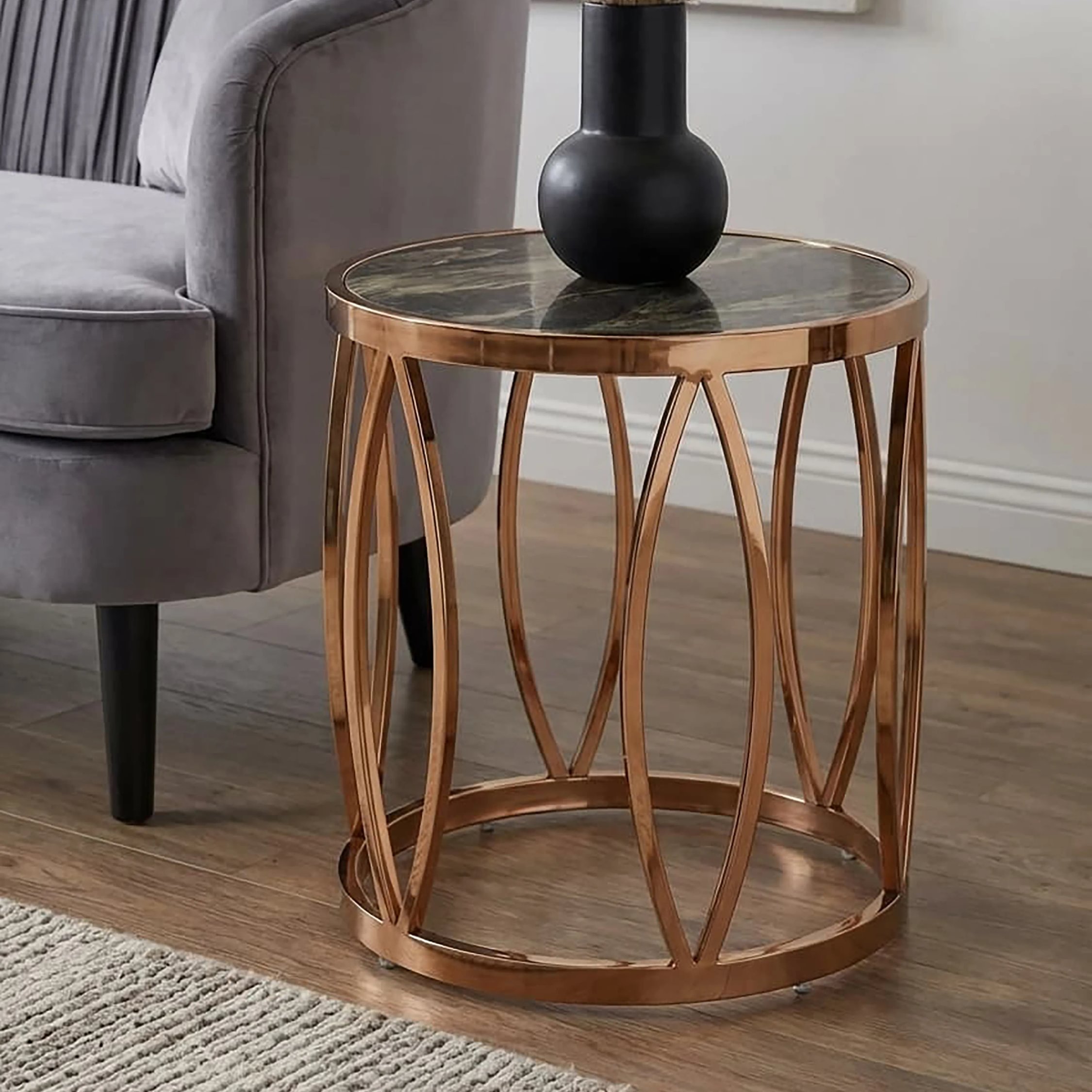 Orsina Marble Effect Round Side Table – Gold