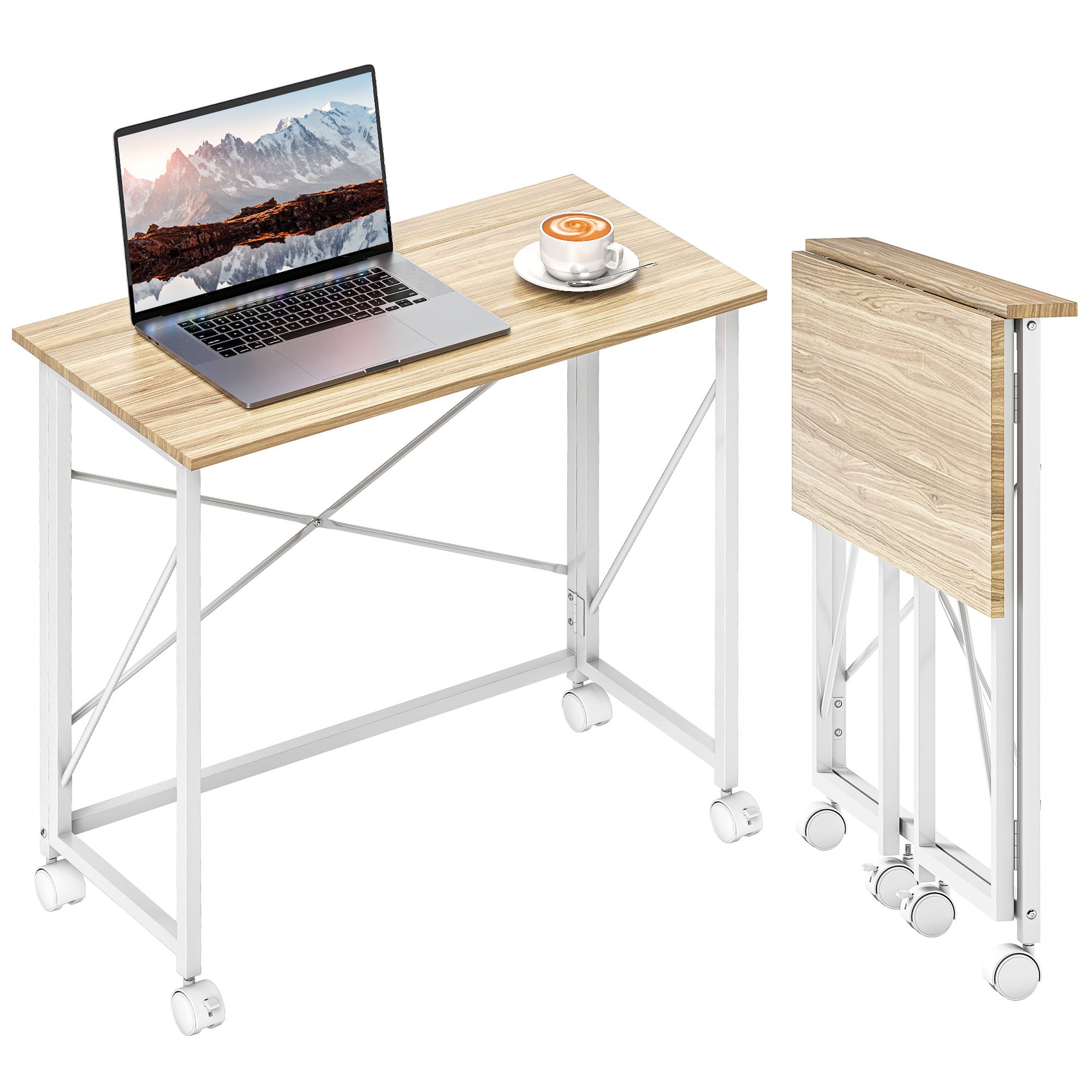 HOMCOM Mdf Foldable Computer Desk with Wheels - Natural Tone