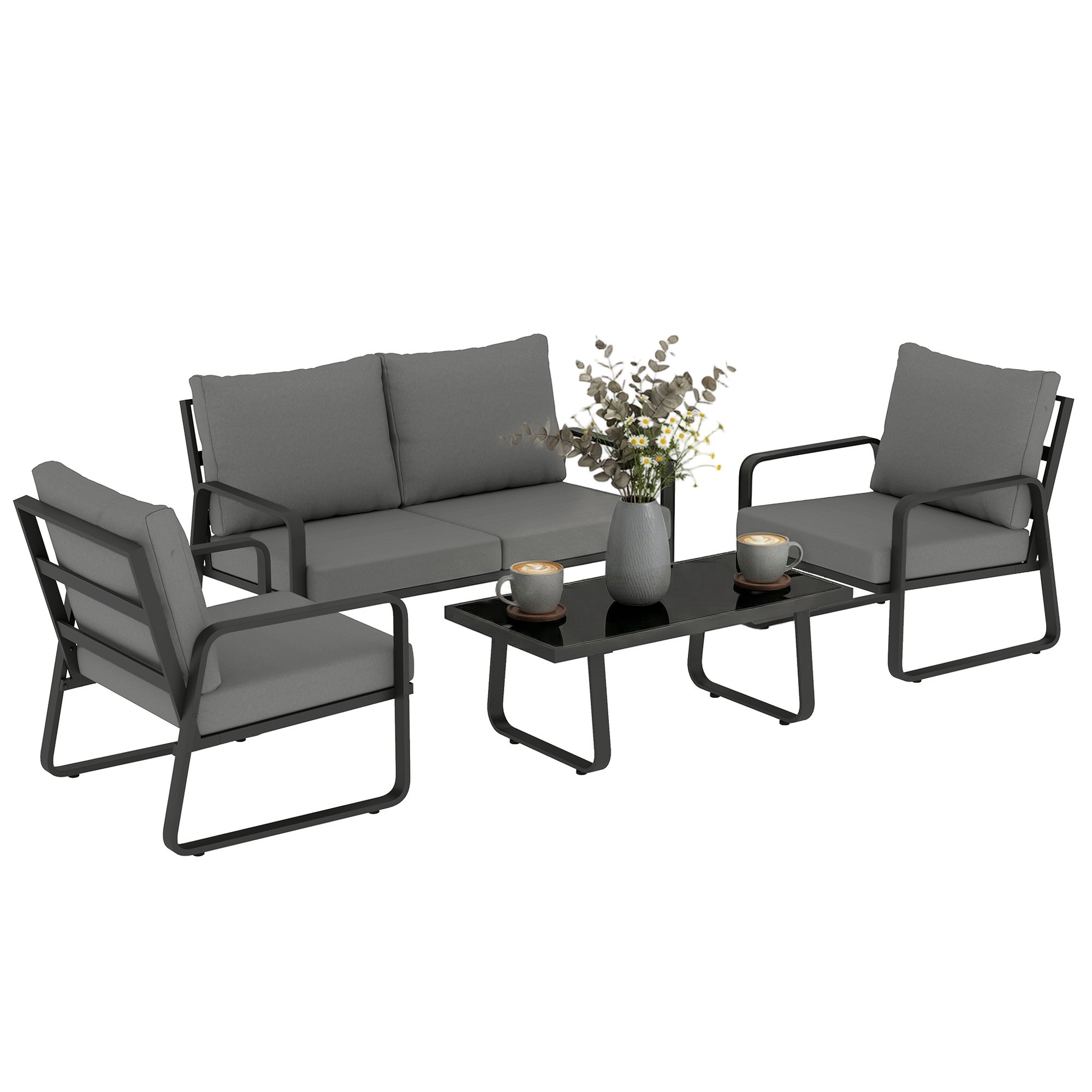 Outsunny 4 Piece Sofa Set for Poolside Porch with Cushions - Black
