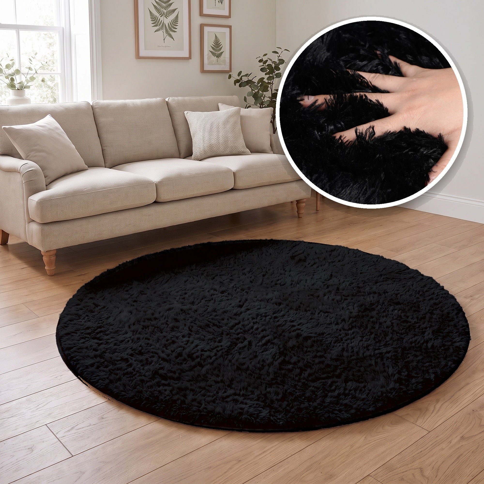 The Rugs Black Lush Plain Washable Non Slip Shaggy Round Rug - 80cm
