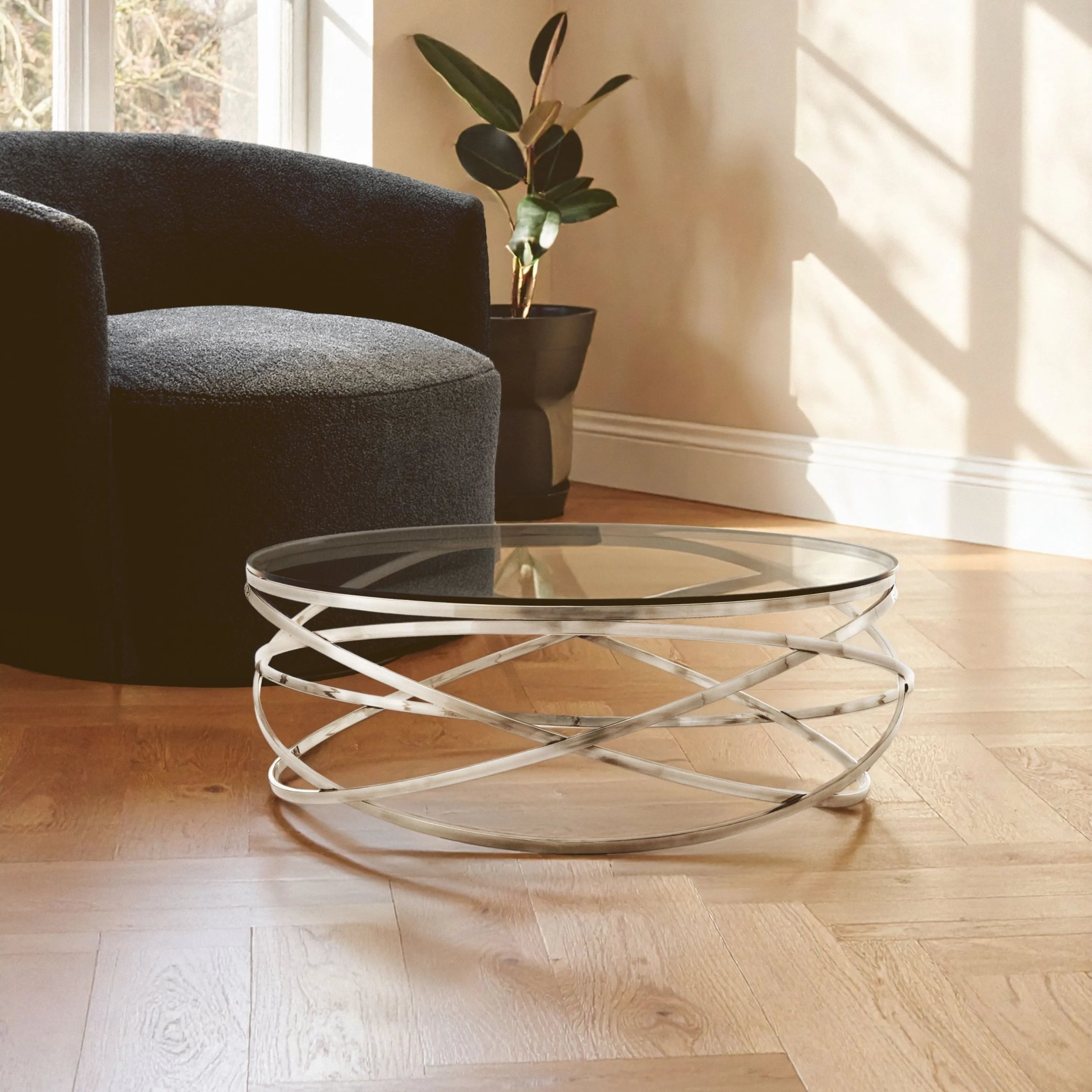 Orsina Allure Round Glass Coffee Table With Swirl Base - Silver