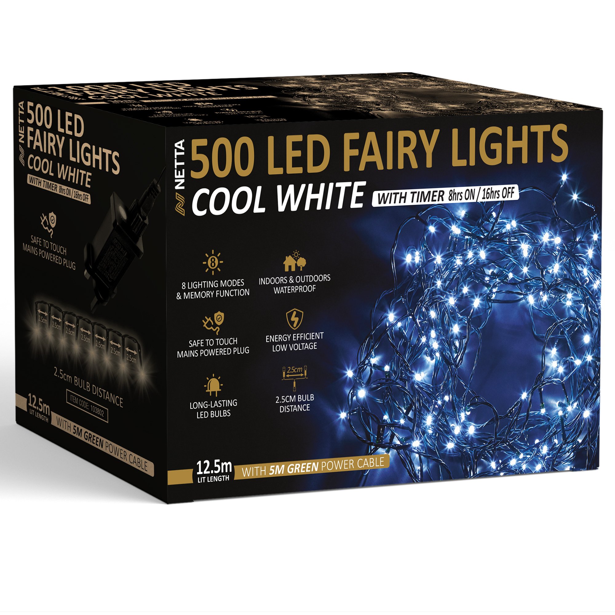 NETTA 500 LED 12.5m Christmas Fairy String Lights with Timer - Cool White