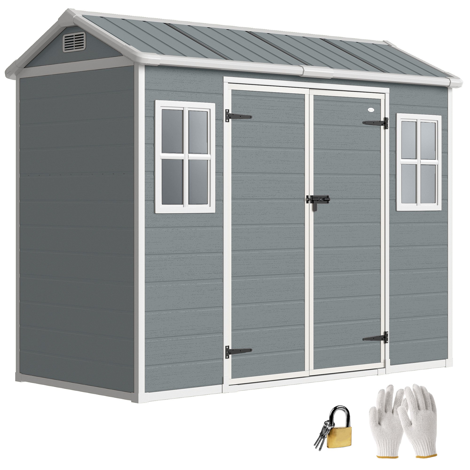 Outsunny Plastic Garden Shed with Floor and Doors– Grey