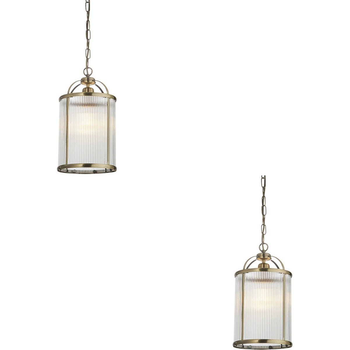 Loops Direct Set of 2 Pendant Light - Antique Brass and Clear Ribbed Glass