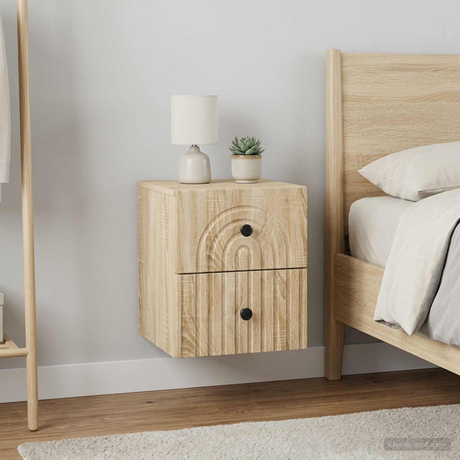 Walplus Pack of 2 Wall Mounted Bedside Cabinet - Sonoma Oak - 33 x 34.5 x 40 cm