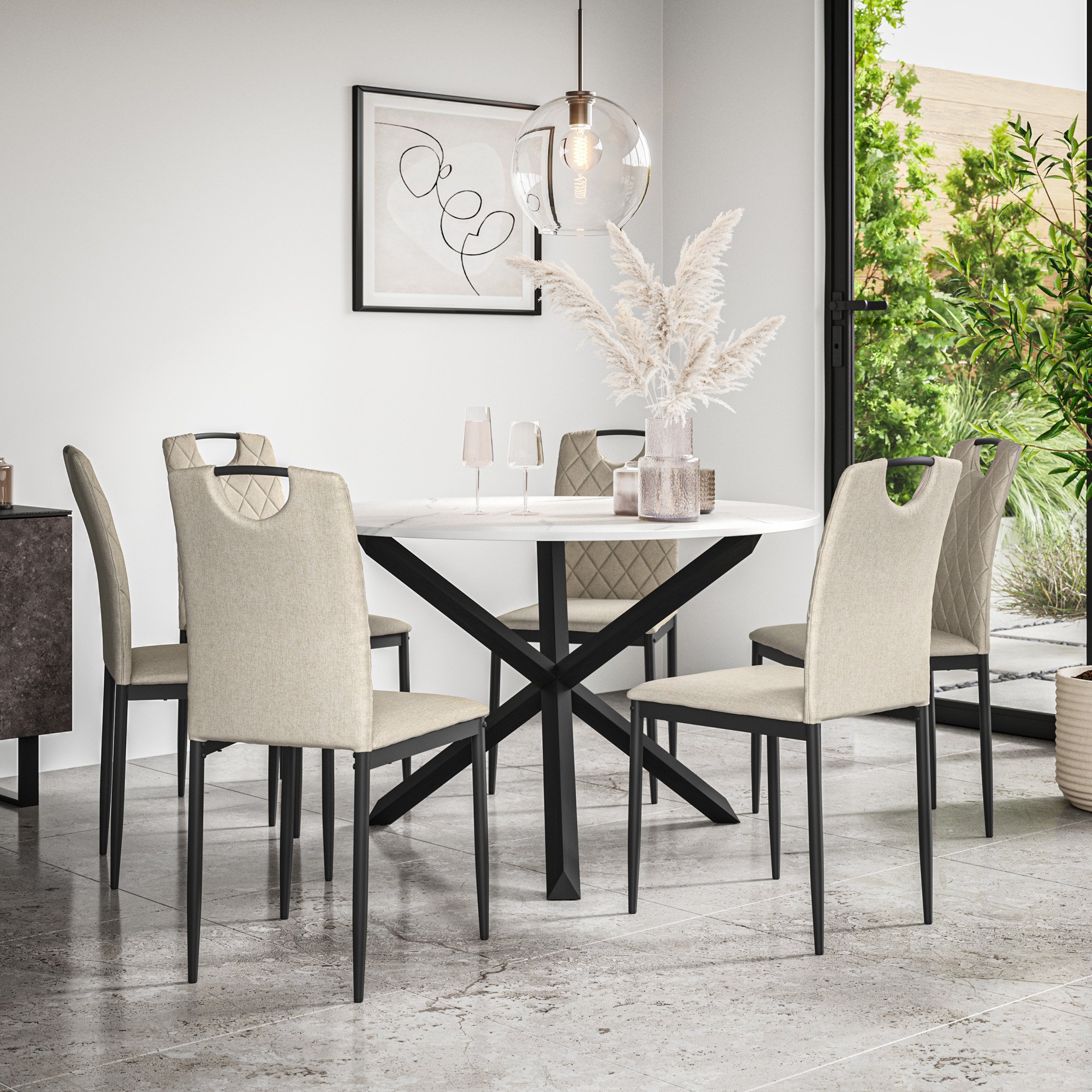 Furniture Online Malvern Monza Marble Top Dining Table & 6 Beige Chairs