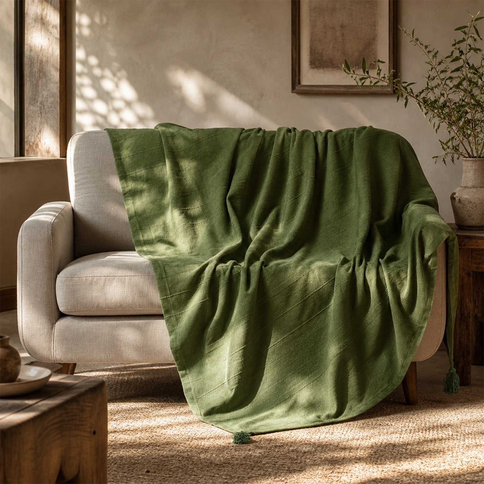 Homescapes Cotton Rajput Ribbed Throw - 255 x 360 cm - Olive
