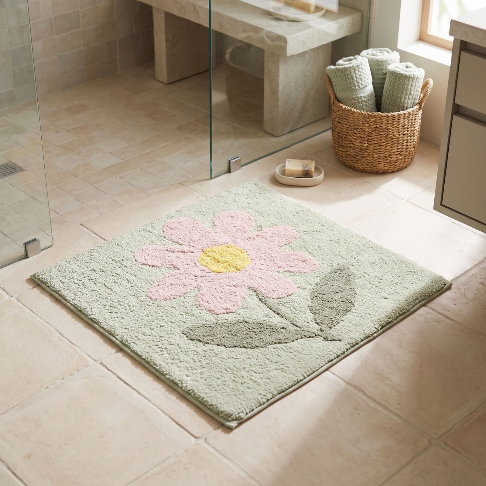 Homescapes Wild Flower Cotton Shower Mat – 50 × 50 cm – Green & Pink