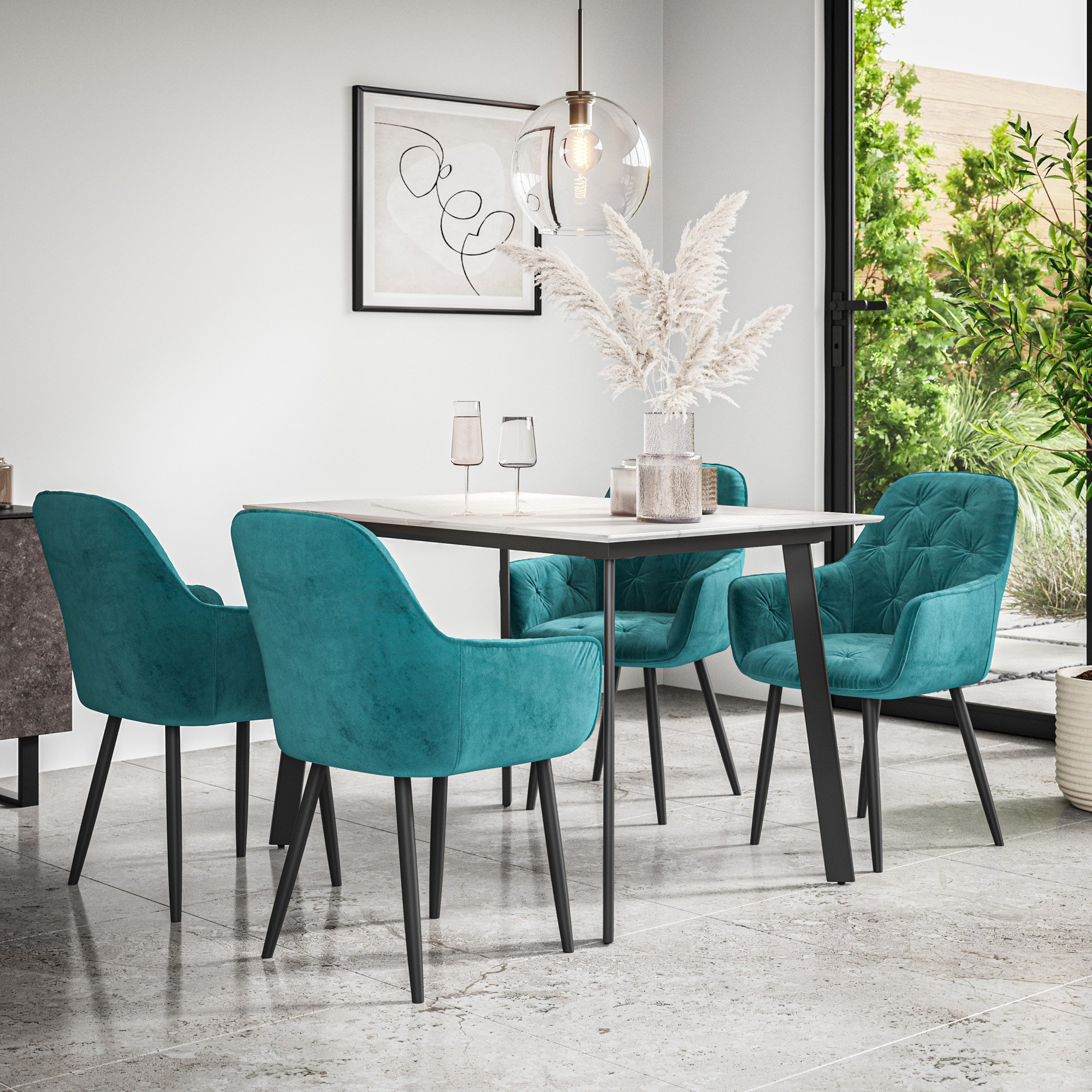 Furniture Online Haydon Anika Marble Effect Dining Table & 4 Blue Chairs