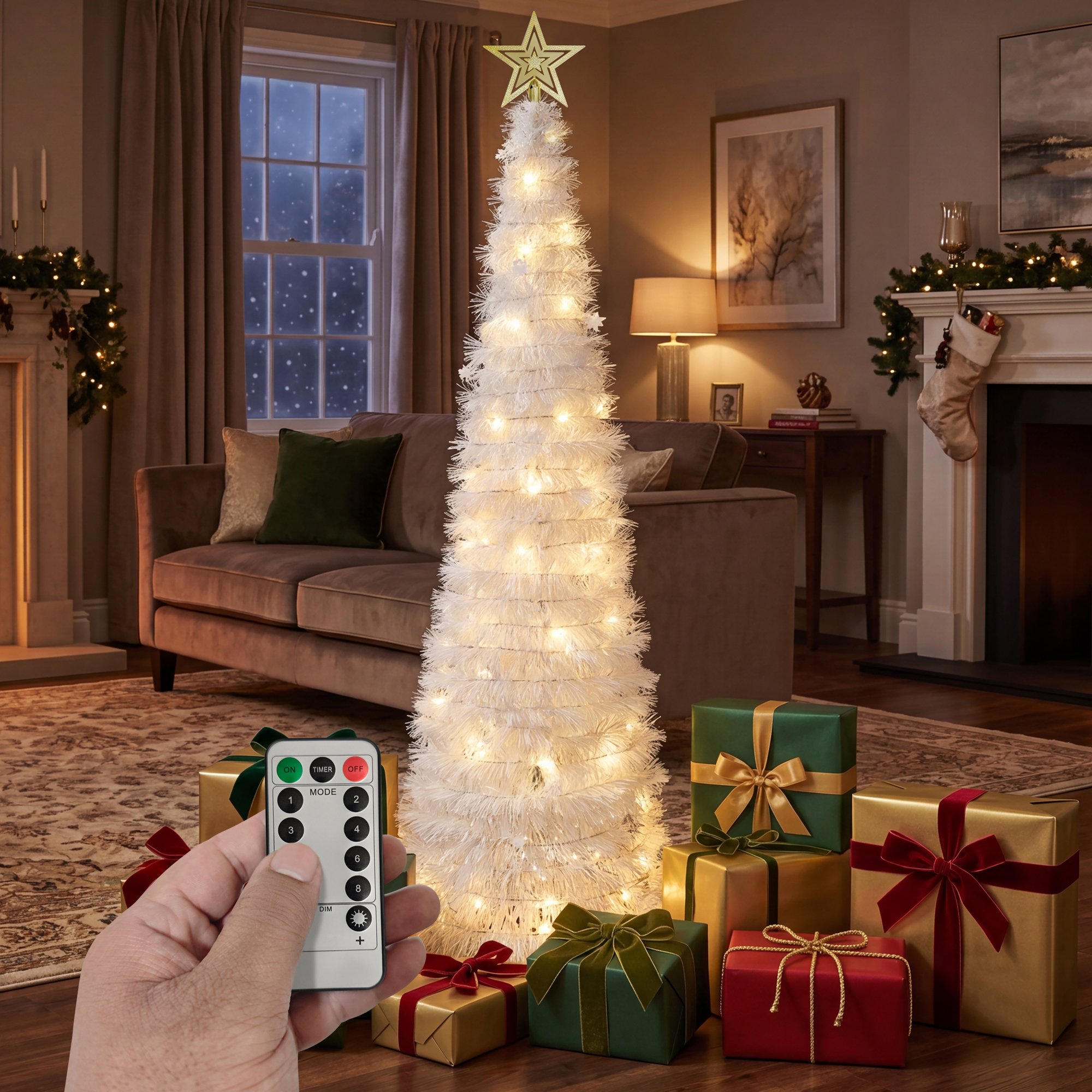 VeryMerry White Pop Up Christmas Tree with LED Lights and Timer - 6FT