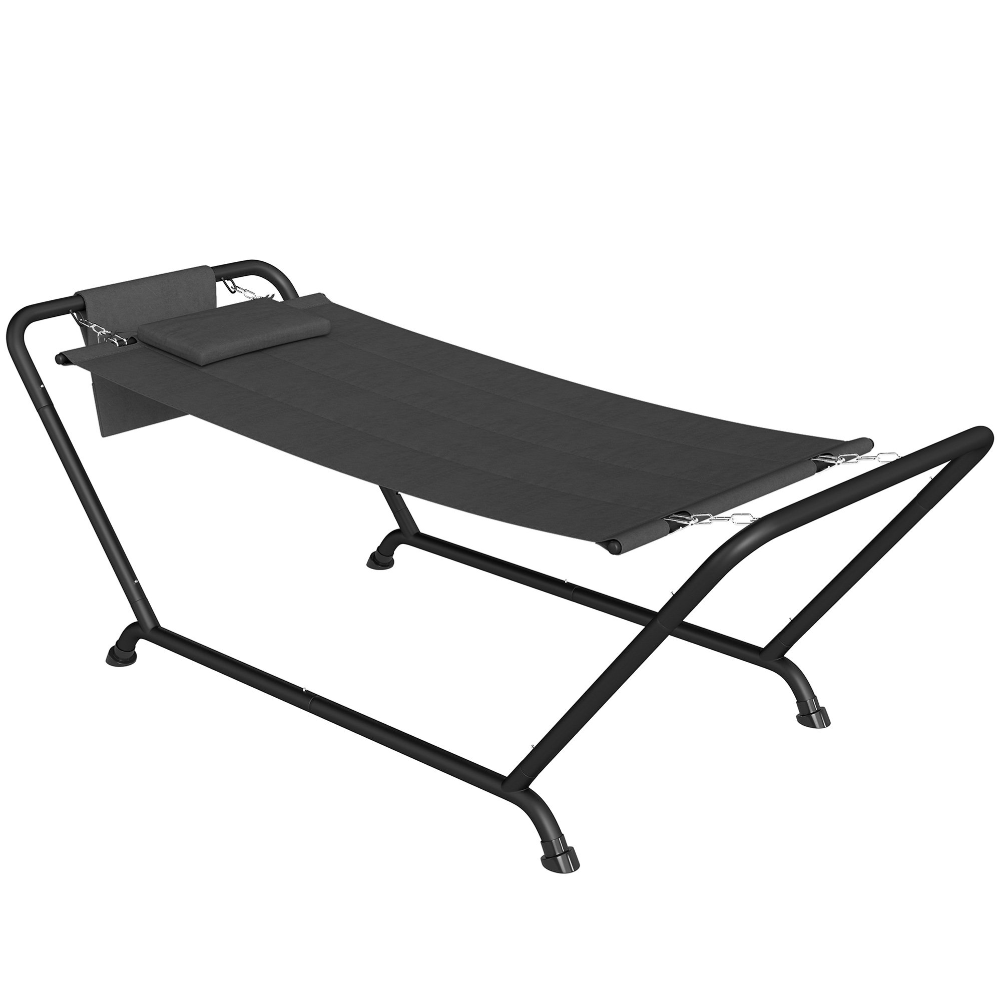 Outsunny Metal Frame Hammock with Headrest and Side Pocket - Dark Grey