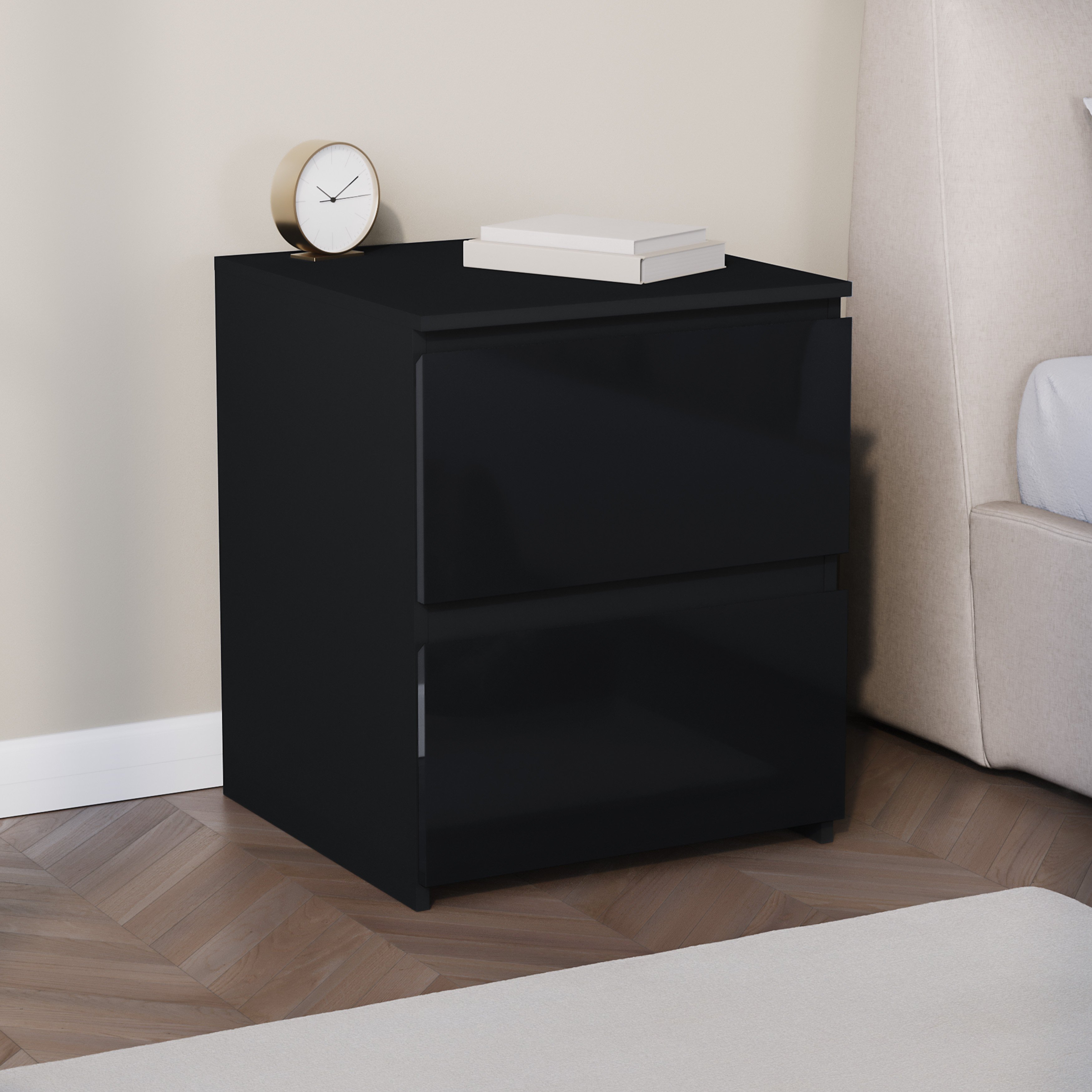 Vida Designs Glinton High Gloss 2 Drawer Bedside Chest - Black